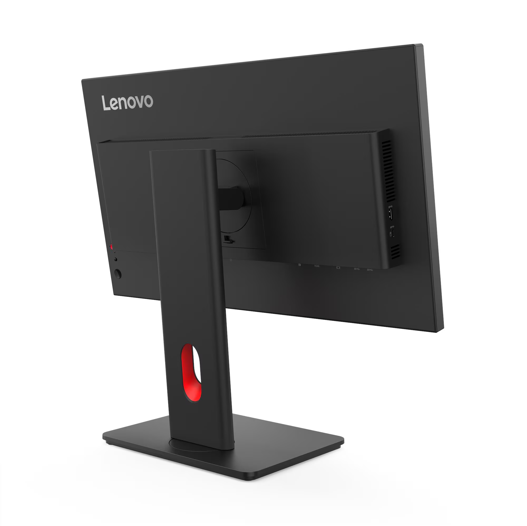 Fekete Lenovo monitor hátulja, piros díszítéssel az állványon.