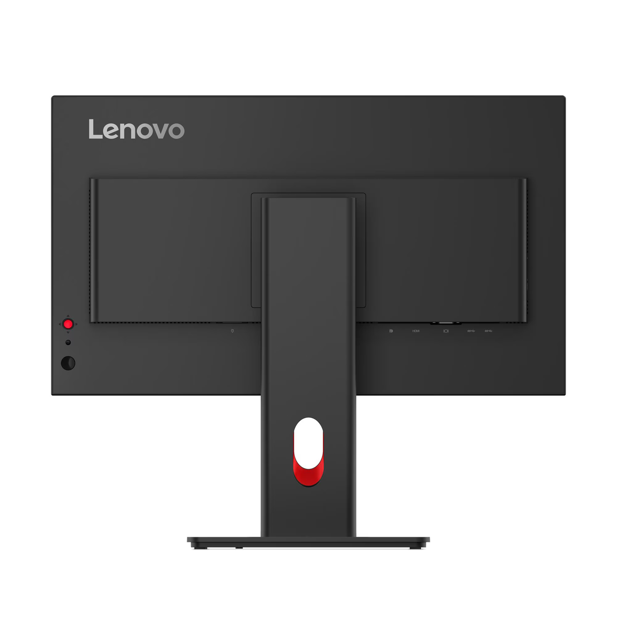 Fekete Lenovo monitor hátulja portokkal és piros díszítéssel.