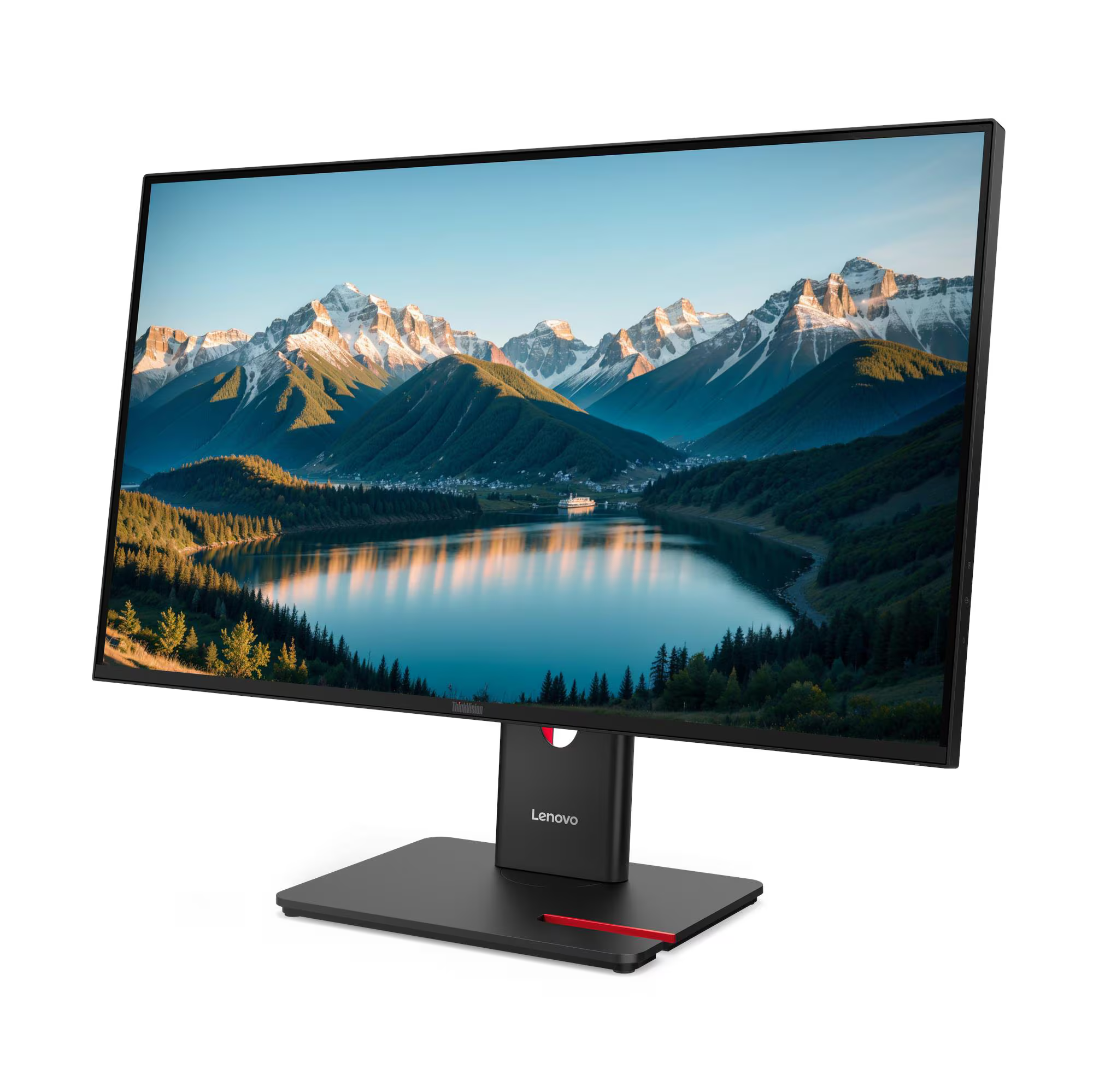 Egy fekete Lenovo monitor hegyvidéki tájat, tavat és erdőt mutat.