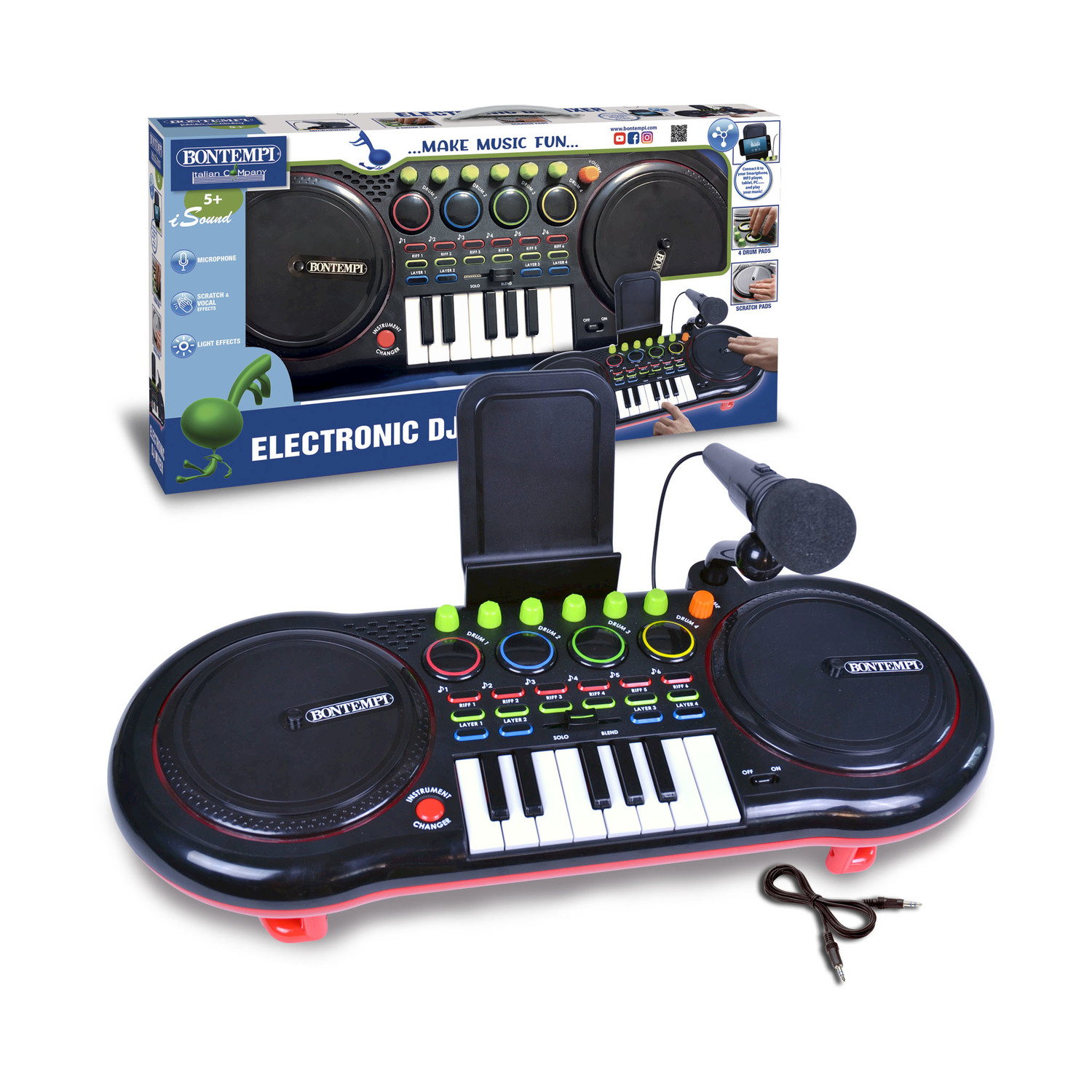 Una tastiera DJ elettronica nera con microfono, tasti e giradischi.