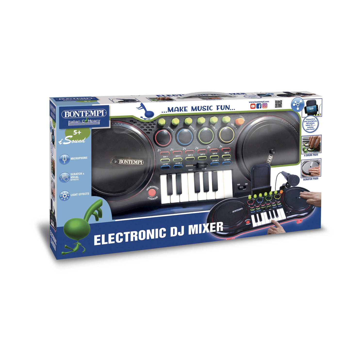 Scatola di un Bontempi Electronic DJ Mixer con tastiera, microfono e pad.