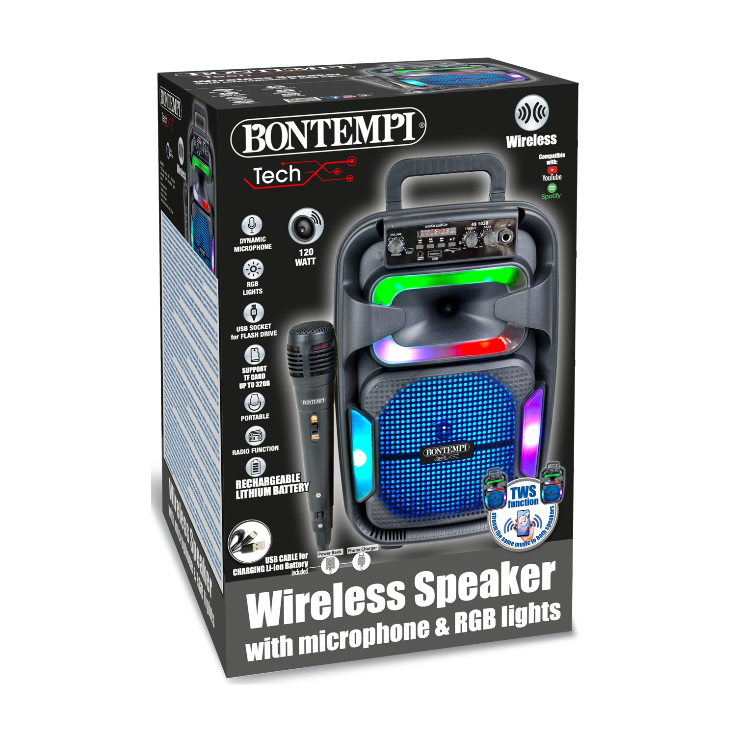 Altoparlante wireless Bontempi con microfono e luci RGB sulla confezione.