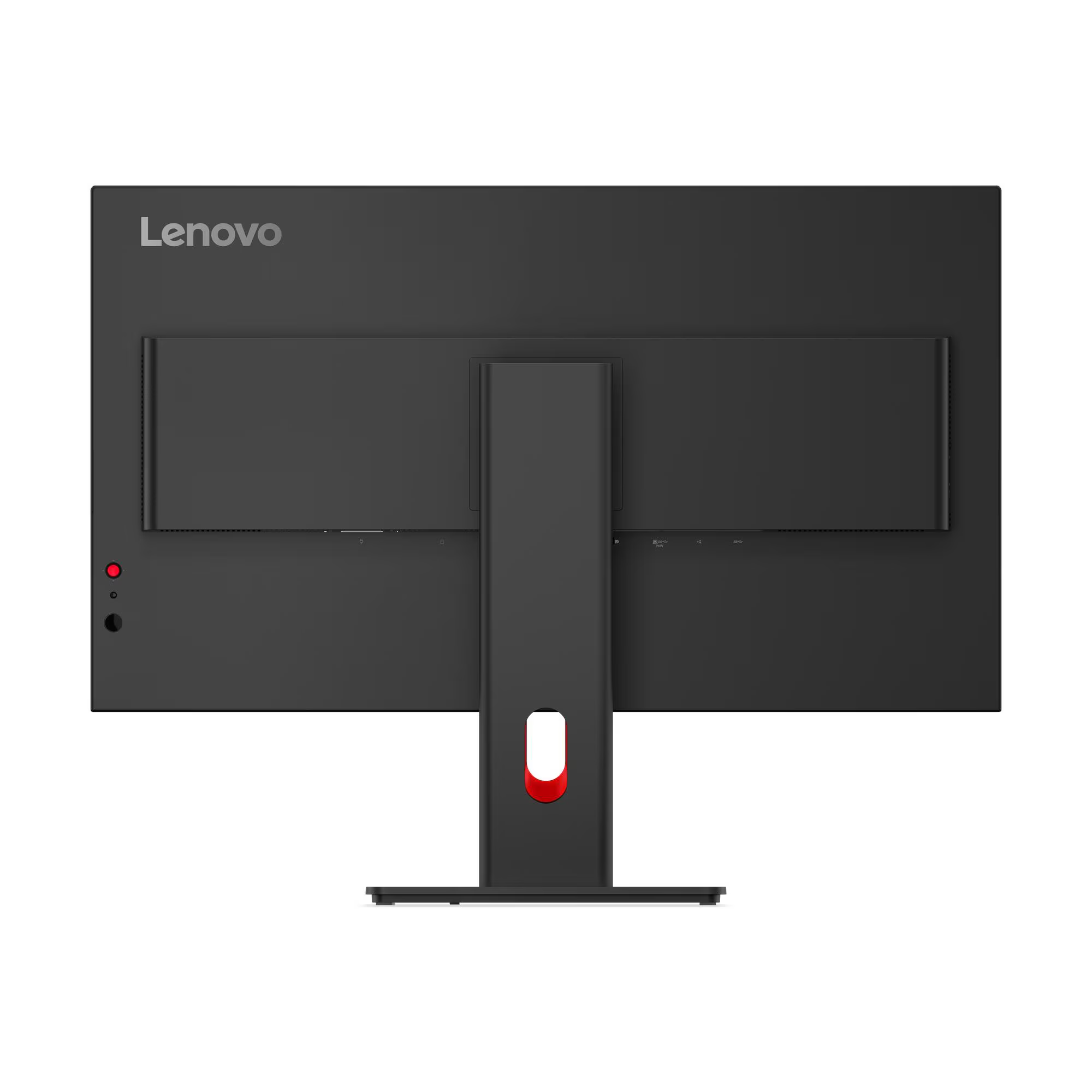 Egy fekete Lenovo monitor hátulja állvánnyal és portokkal.