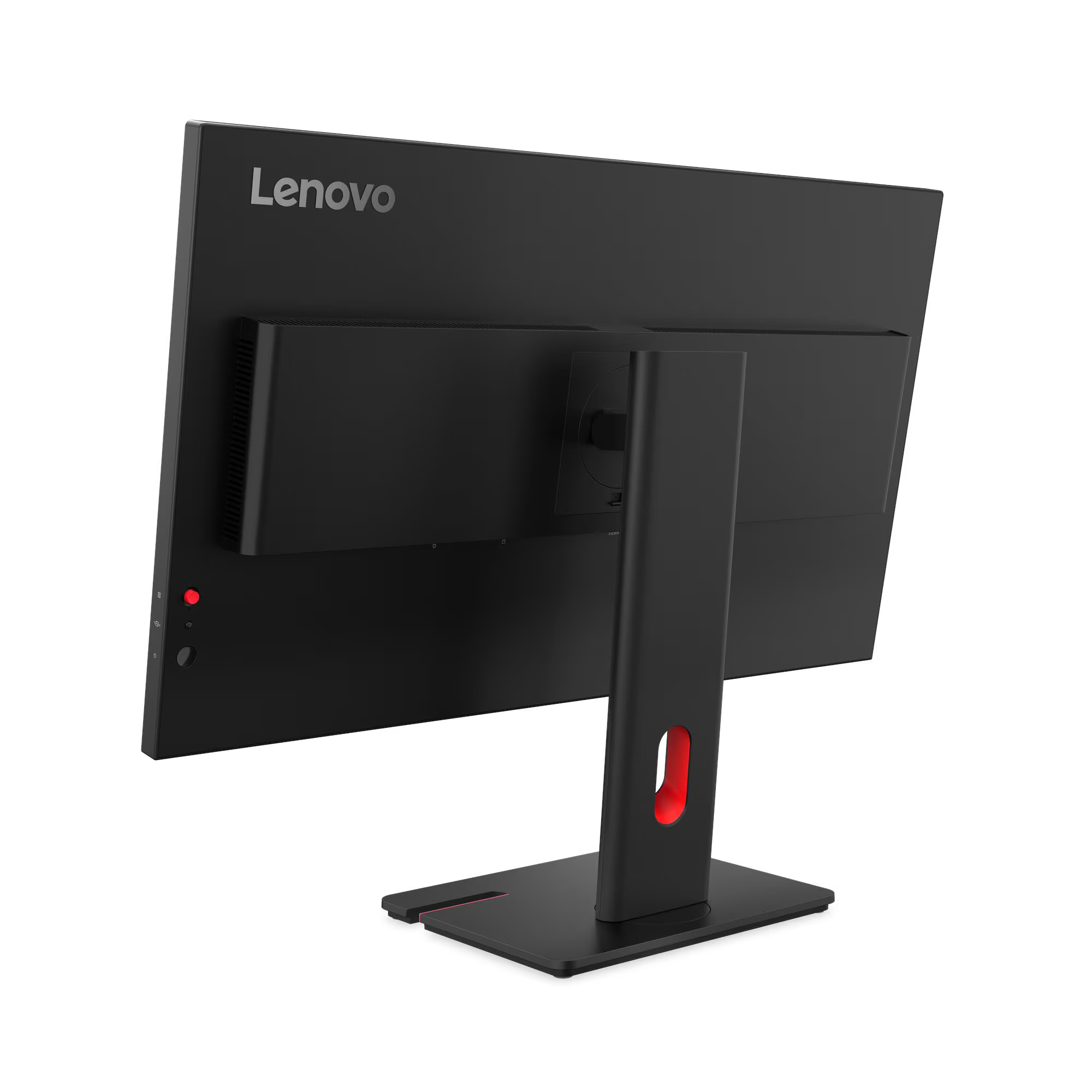Fekete Lenovo monitor hátulnézete, piros díszítéssel az állványon.