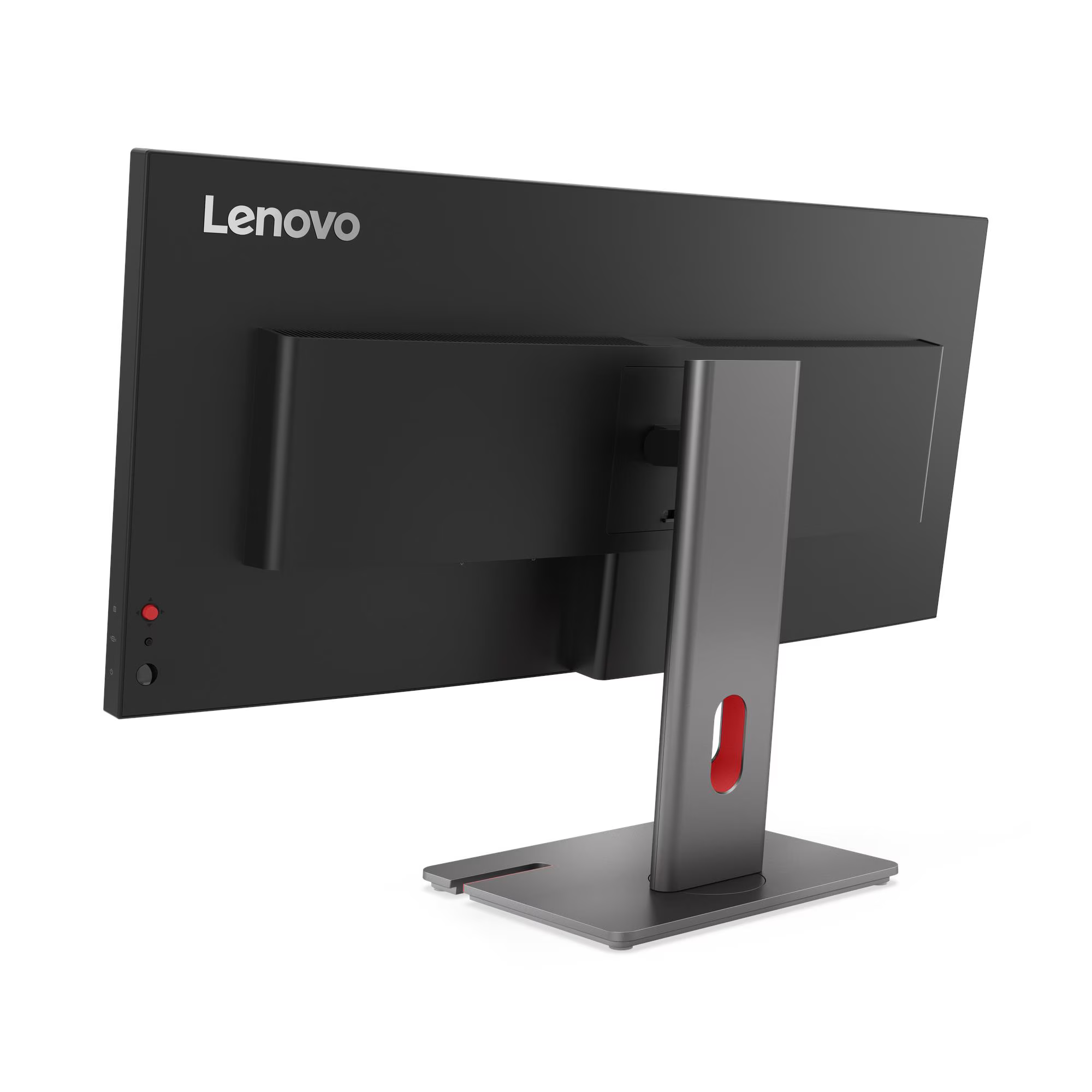 Egy fekete Lenovo monitor hátulja, ezüst állvánnyal és piros díszítéssel.