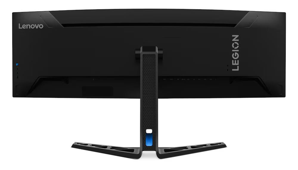 Egy fekete Lenovo Legion ívelt monitor hátulja állvánnyal és portokkal.