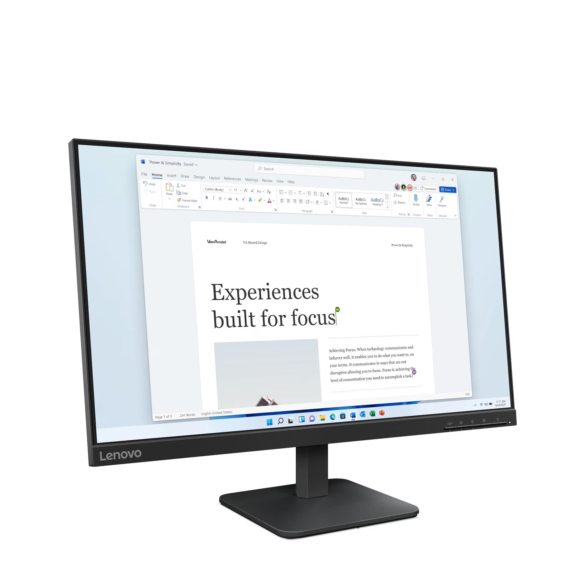 Egy Lenovo monitor egy 'Fókuszra épülő élmények' című Word dokumentumot jelenít meg.