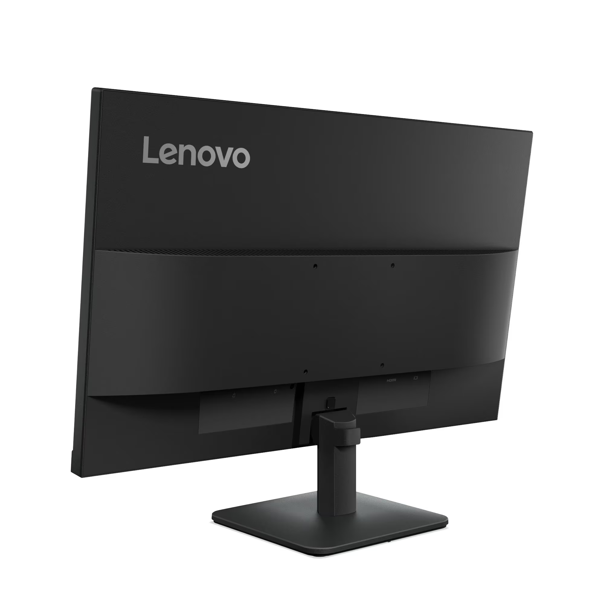 Fekete Lenovo monitor hátulról állványon, fehér háttér.