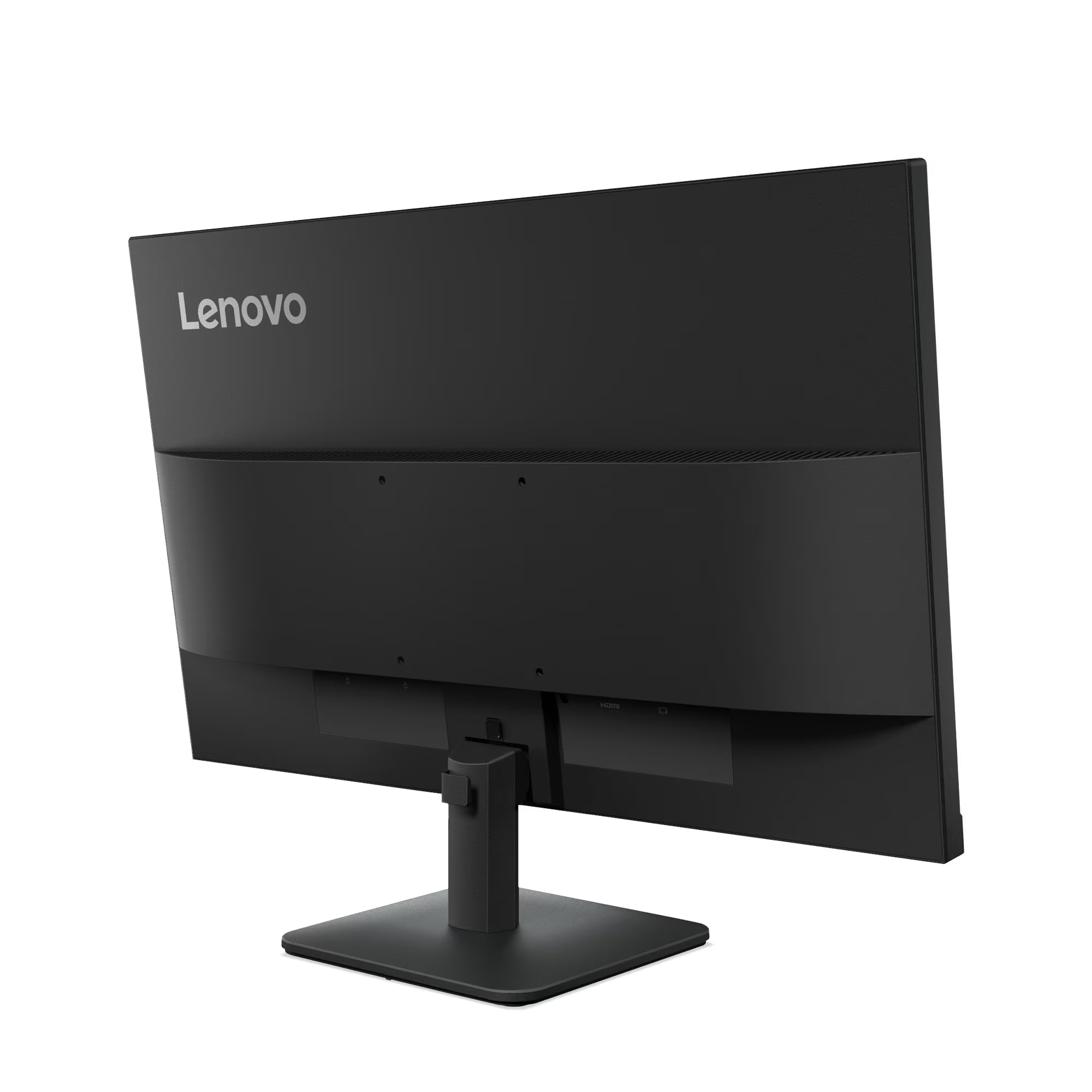Egy fekete Lenovo monitor hátulnézete, állvánnyal és portokkal.