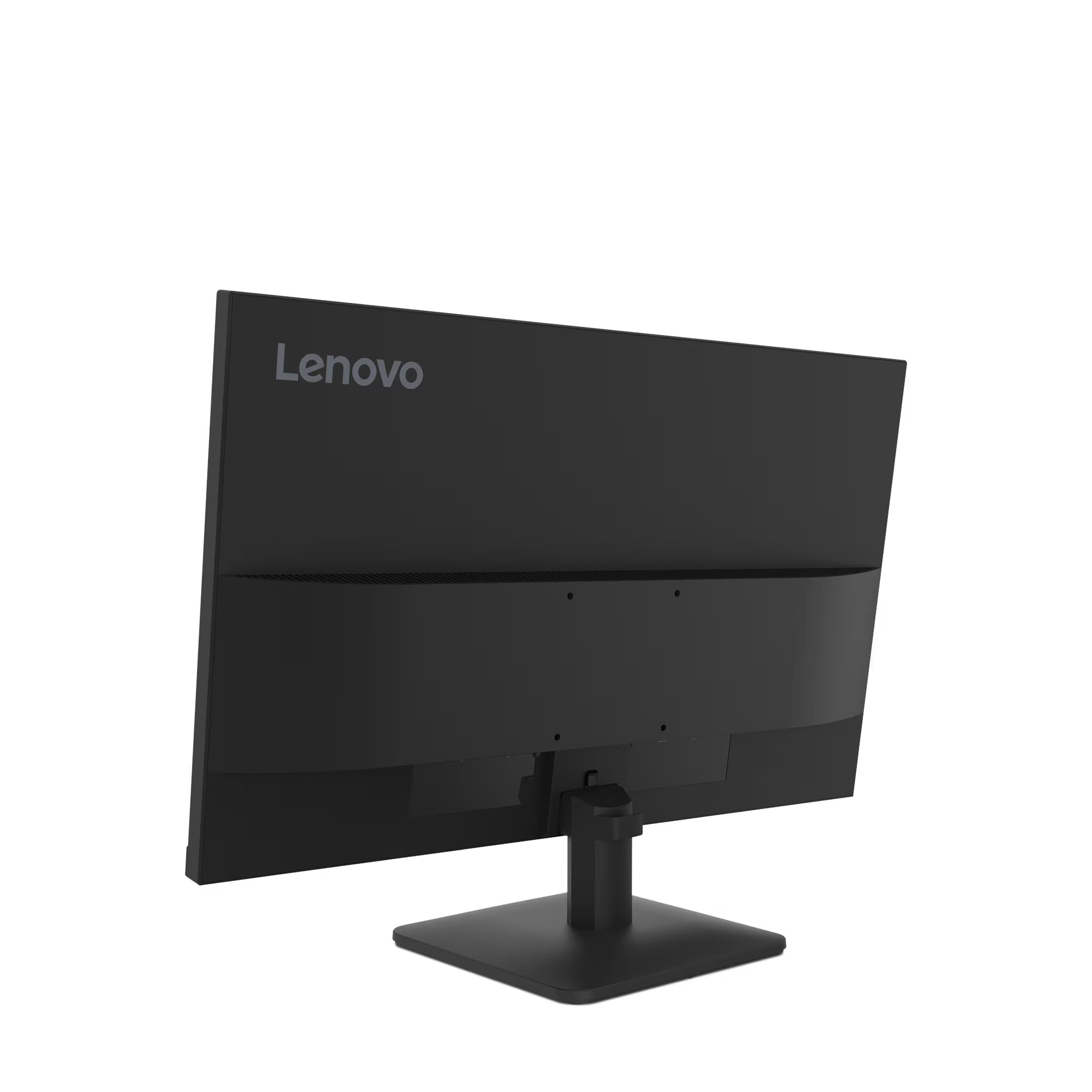 Egy fekete Lenovo monitor hátulról, fehér háttéren.