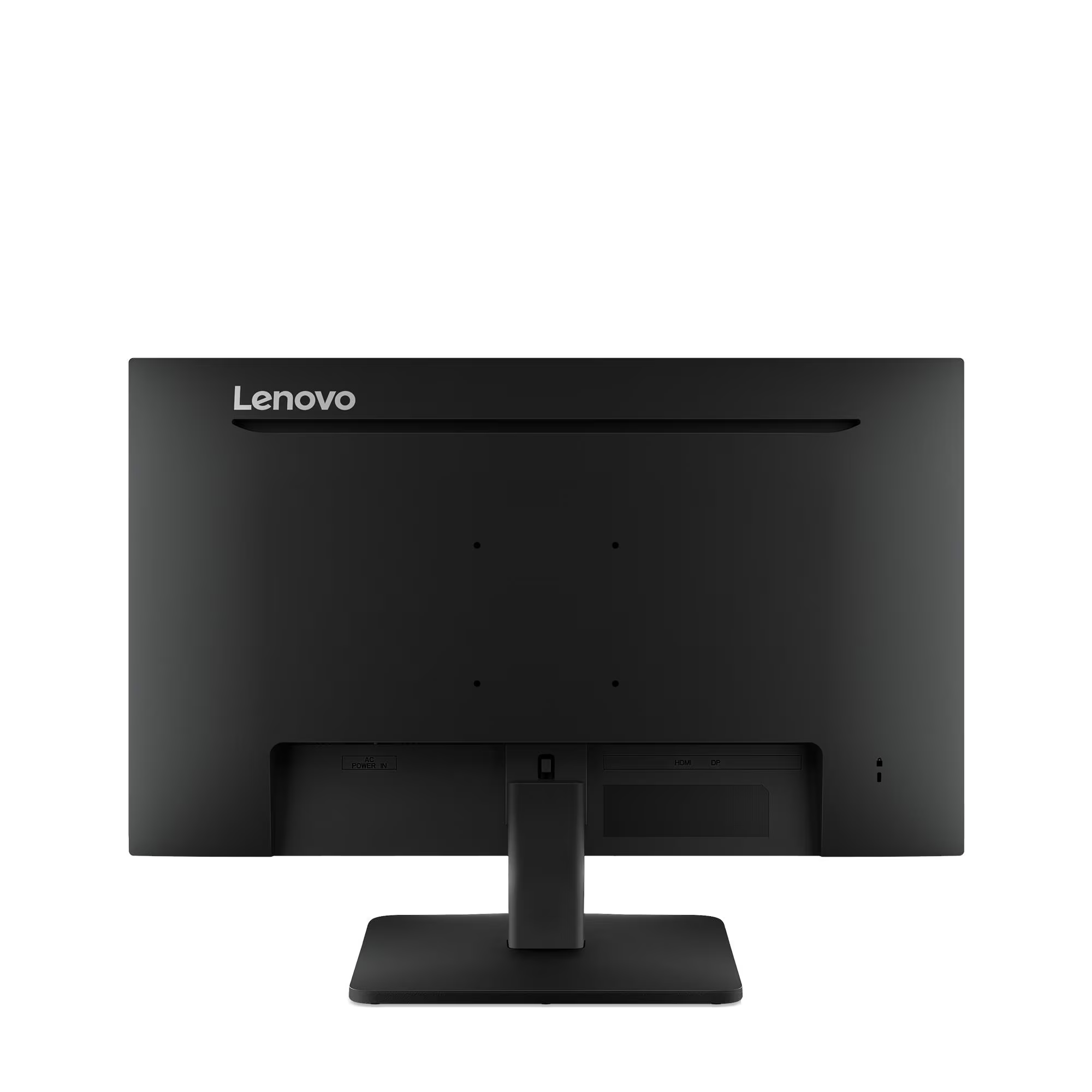 Fekete Lenovo monitor hátulja portokkal és állvánnyal.