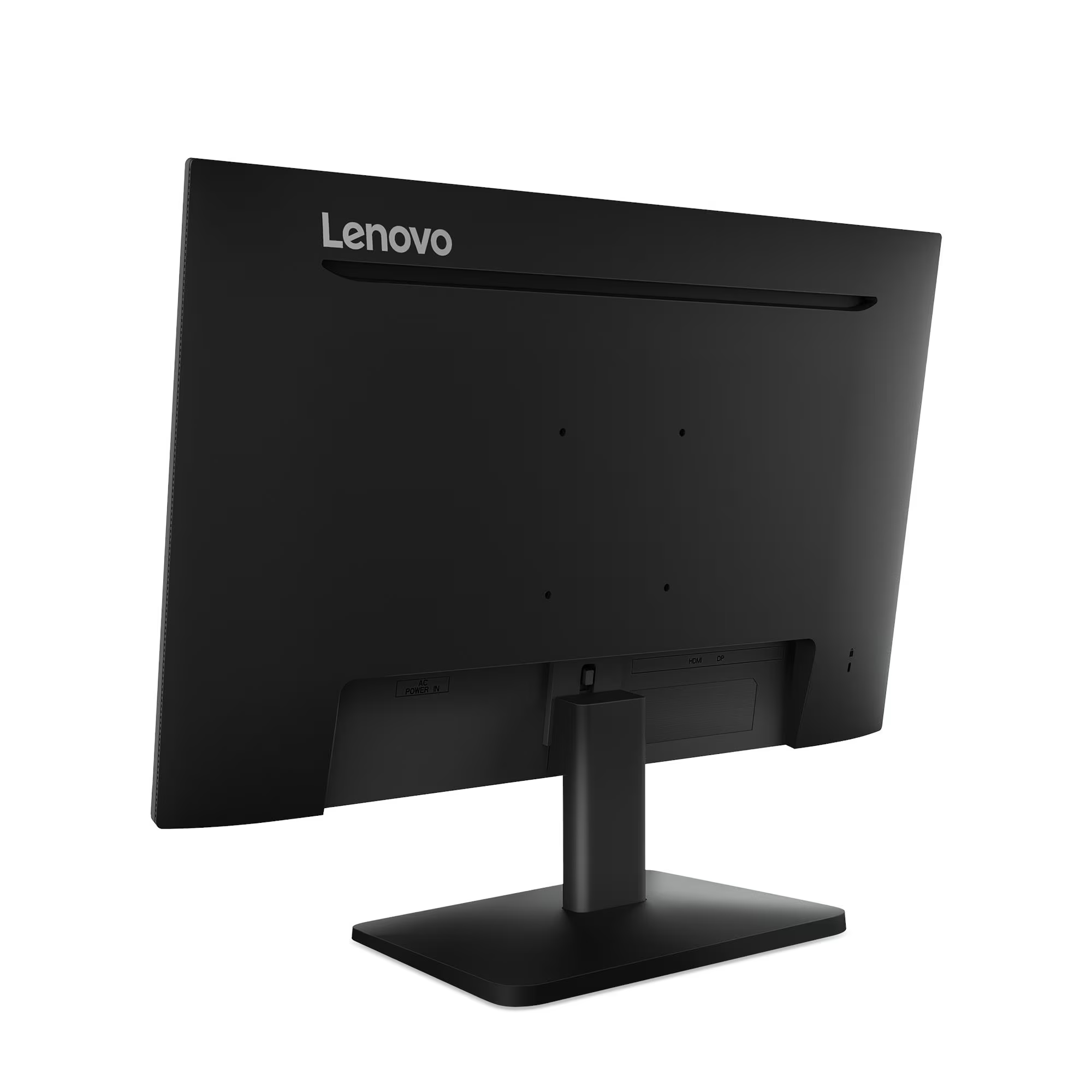 Fekete Lenovo monitor hátulnézete, HDMI és DP csatlakozókkal, állványon.