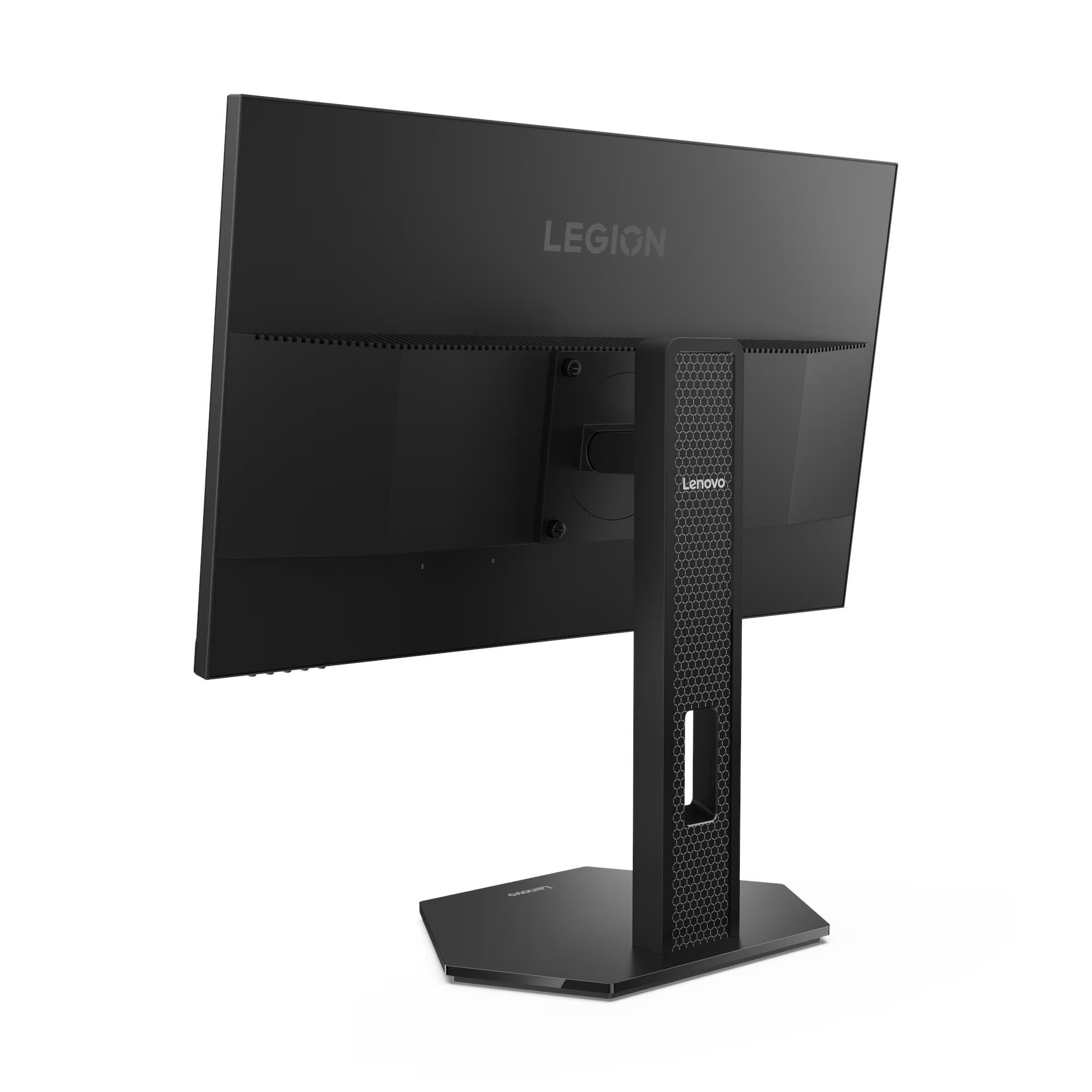 Fekete Lenovo Legion monitor hátulja méhse mintás állvánnyal.