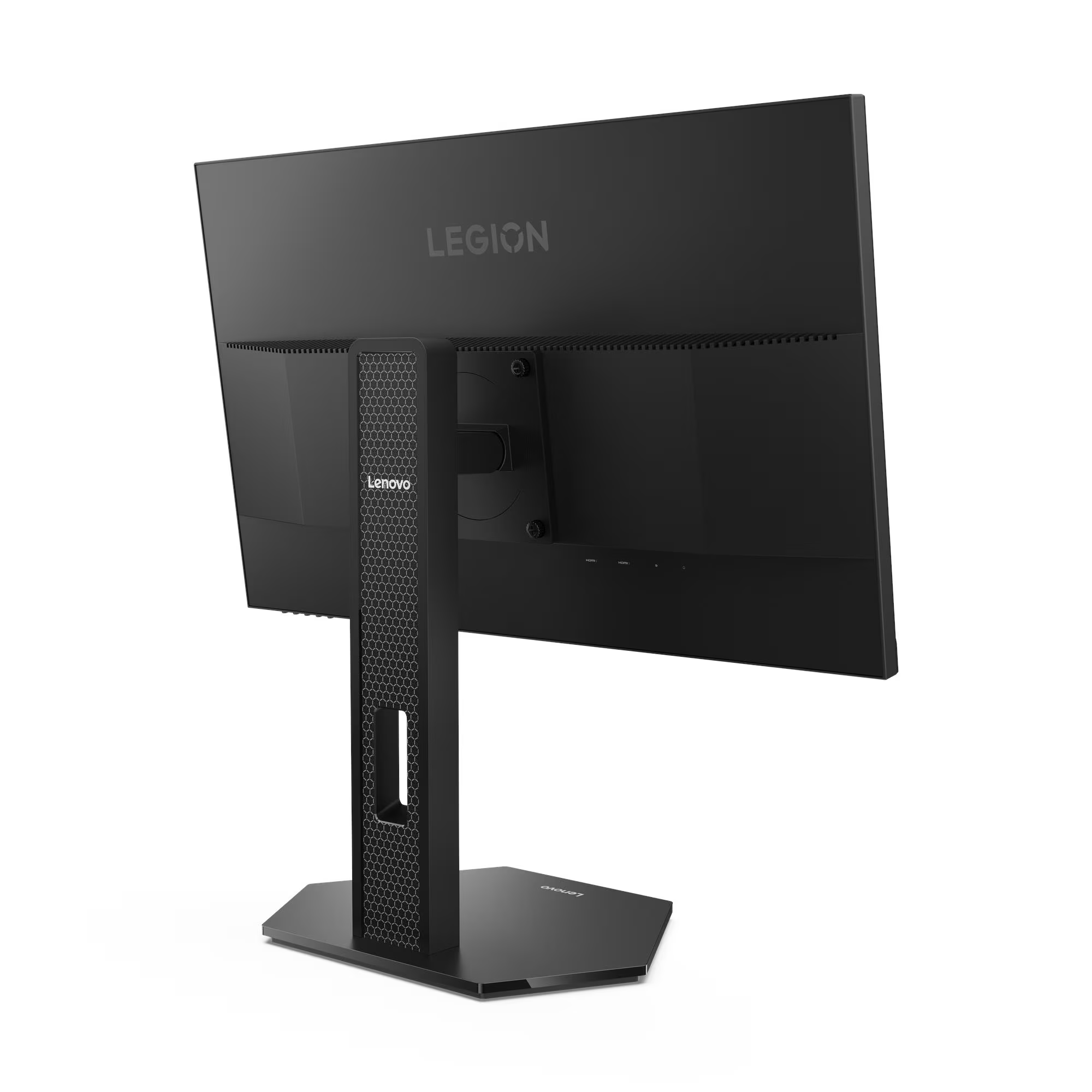 Fekete Lenovo Legion monitor hátulnézete, méhsejt mintás állvánnyal.