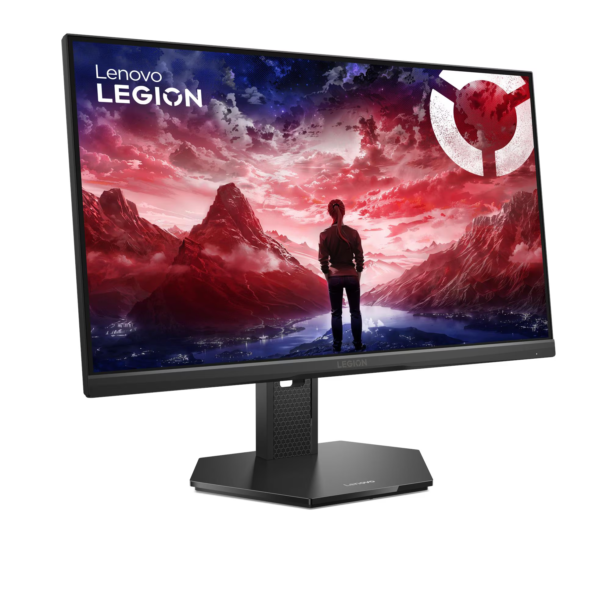 Egy gamer monitoron Lenovo Legion logó és egy személy látható hegyvidéki tájkép előtt.