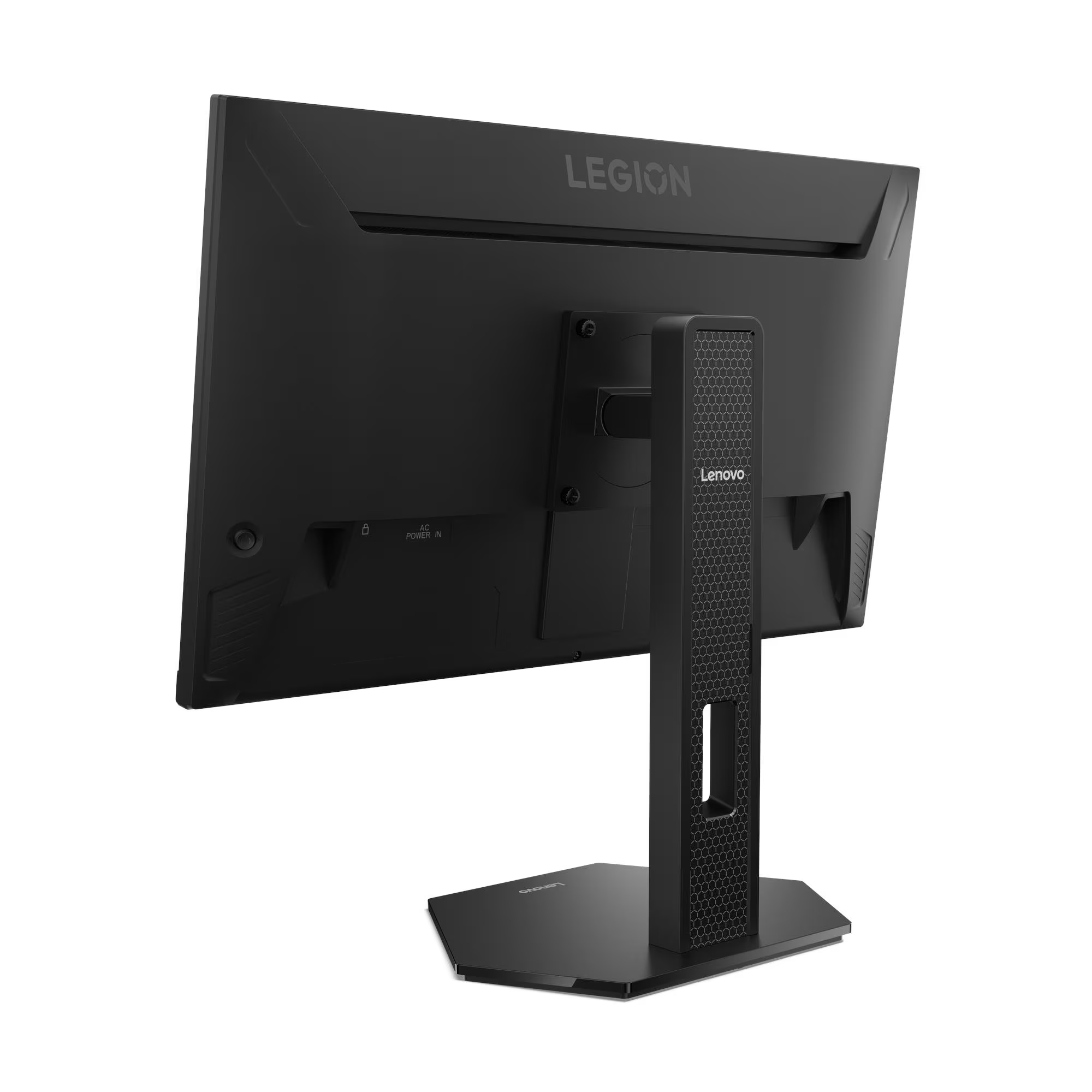 Fekete Lenovo Legion monitor hátulnézete állvánnyal. Hatszögletű minta az állványon.