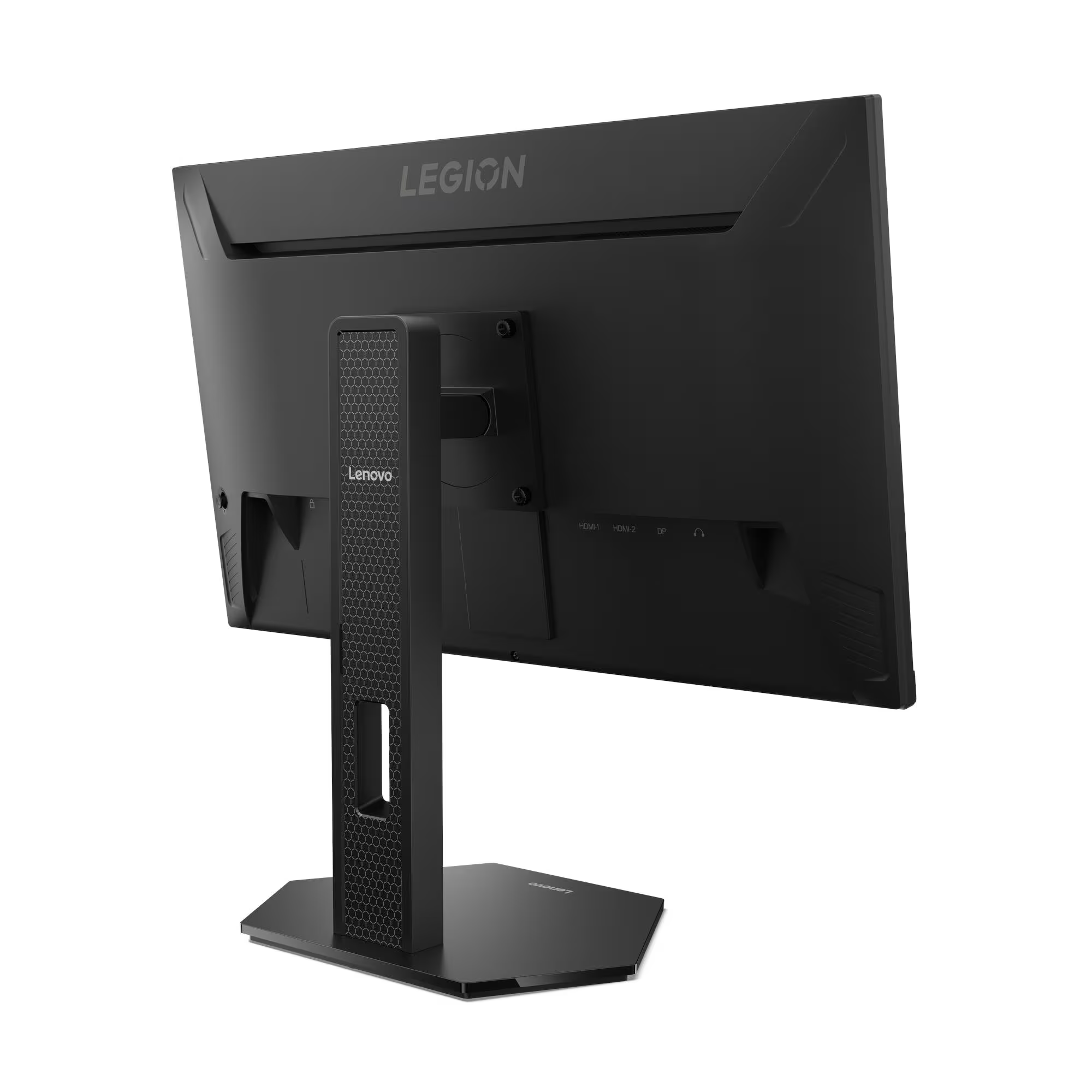 Fekete Lenovo Legion monitor hátulnézete, portokkal és állvánnyal.