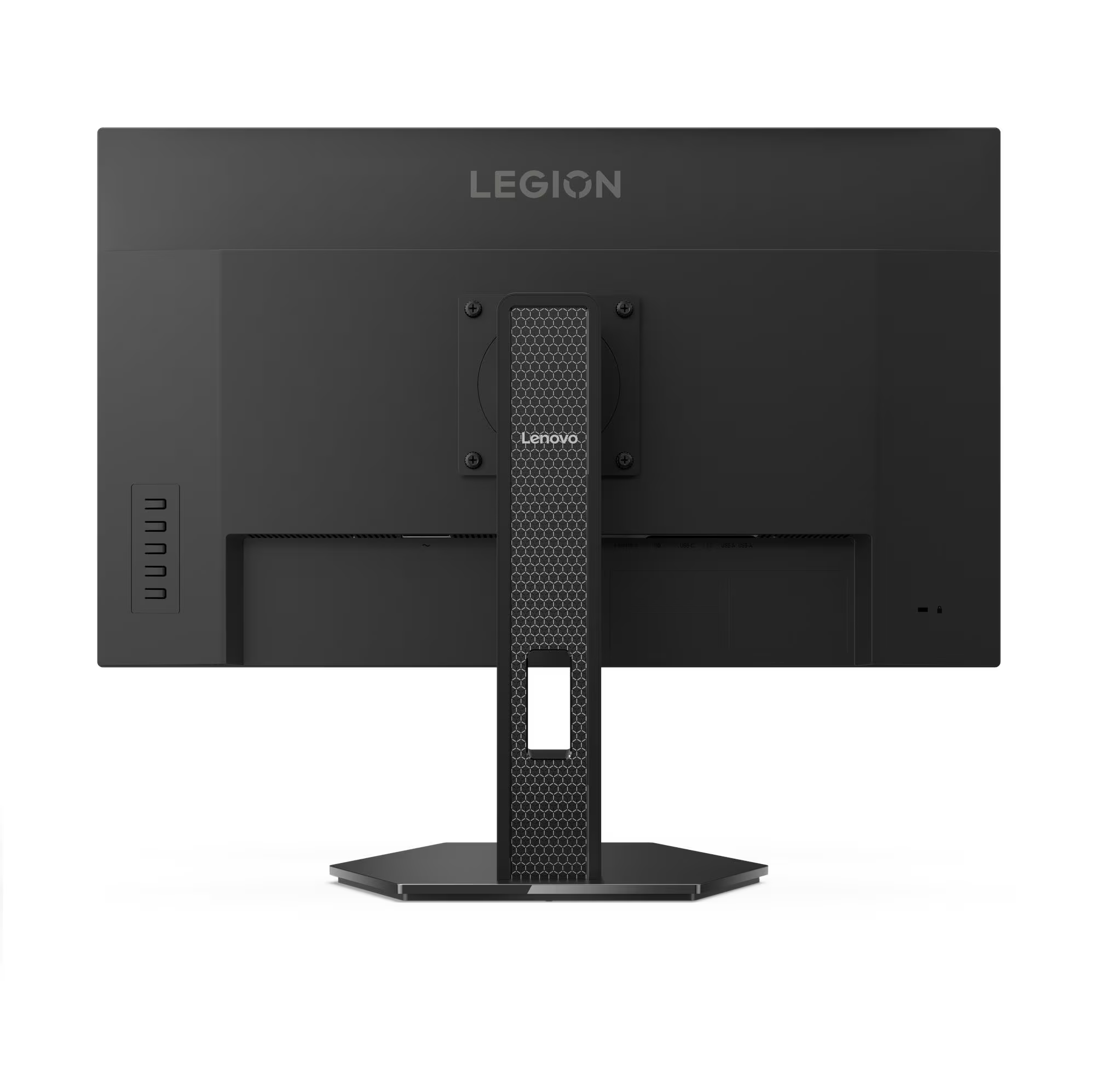 Fekete monitor hátulnézete Legion logóval és Lenovo állvánnyal.