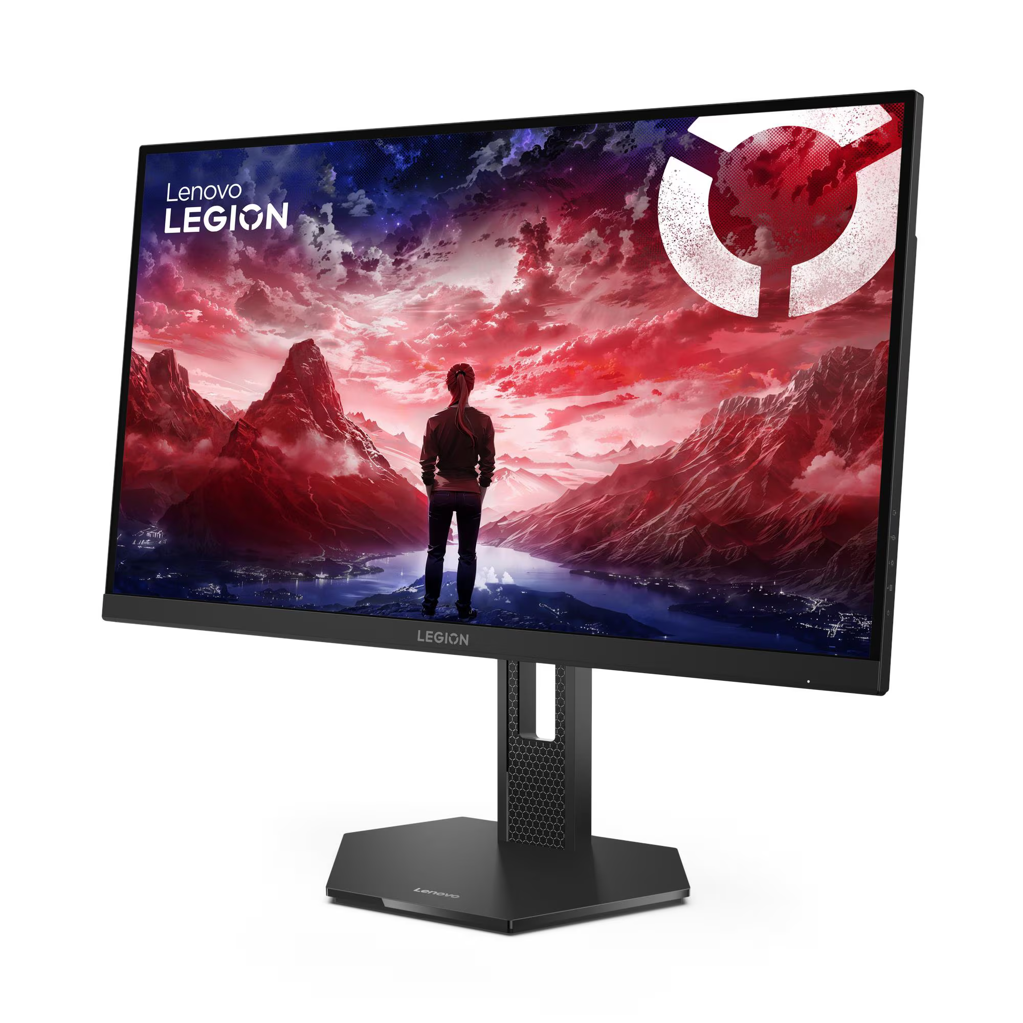 Egy gamer monitor, amelyen egy személy néz egy disztópikus tájra.