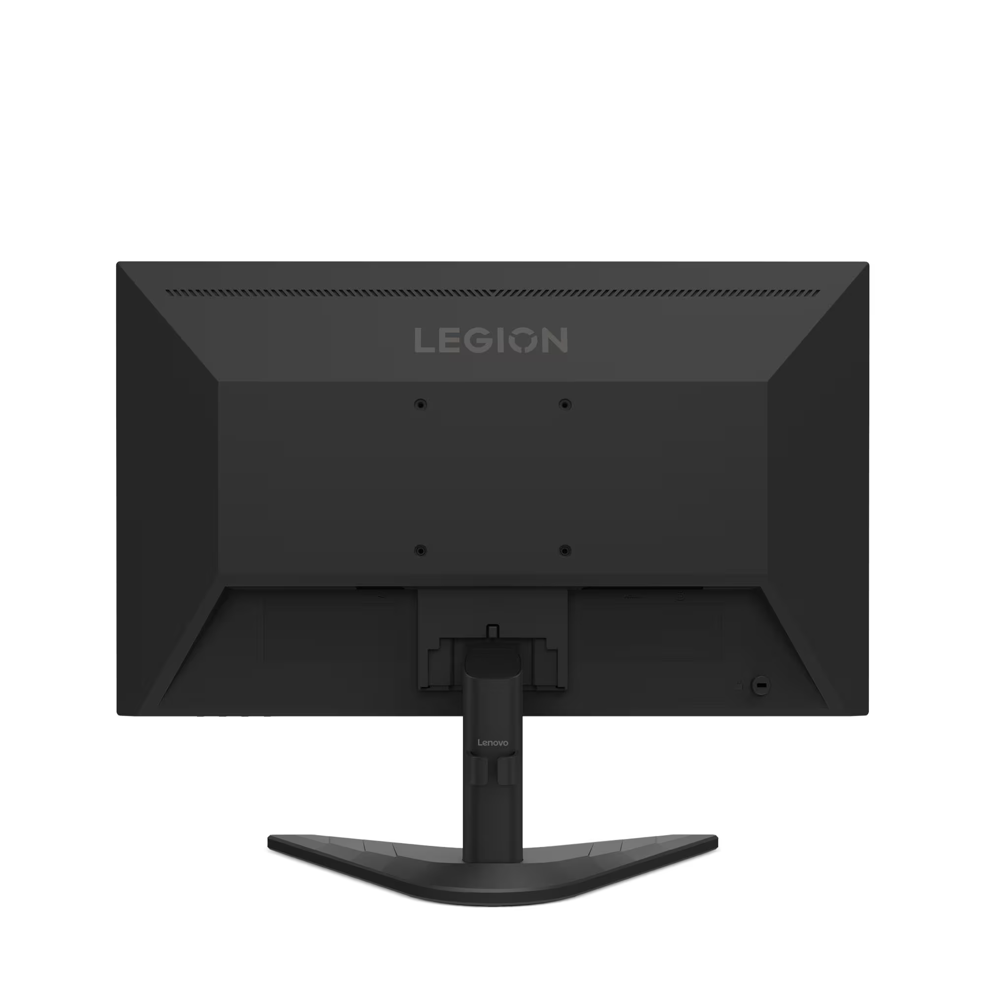 Fekete Lenovo Legion monitor hátulnézete, ezüst színű logóval.