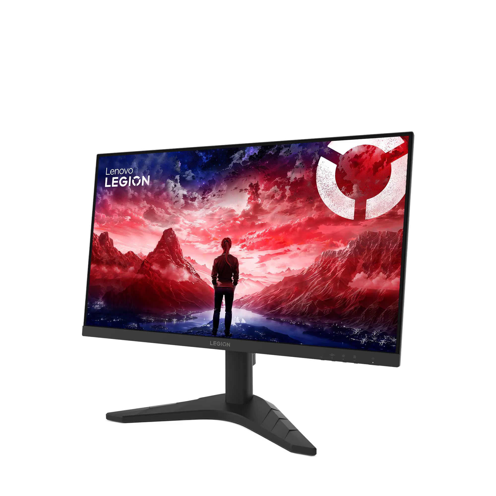 Gamer monitor drámai háttérképpel és egy rá néző személlyel.