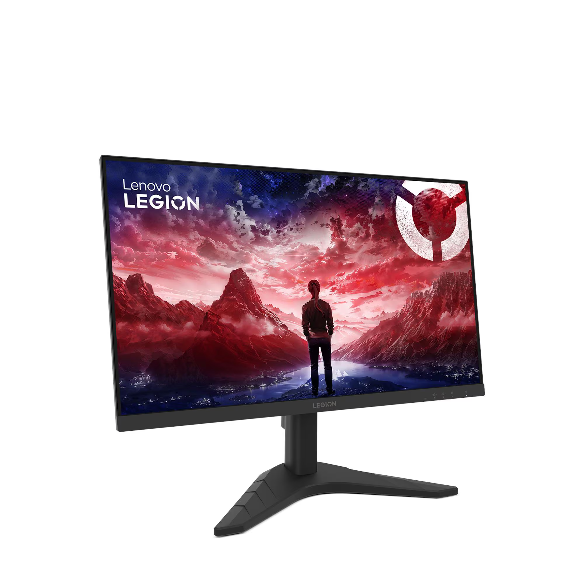 Egy Lenovo Legion monitor hegyvidéki tájképet jelenít meg, távolba néző személlyel.