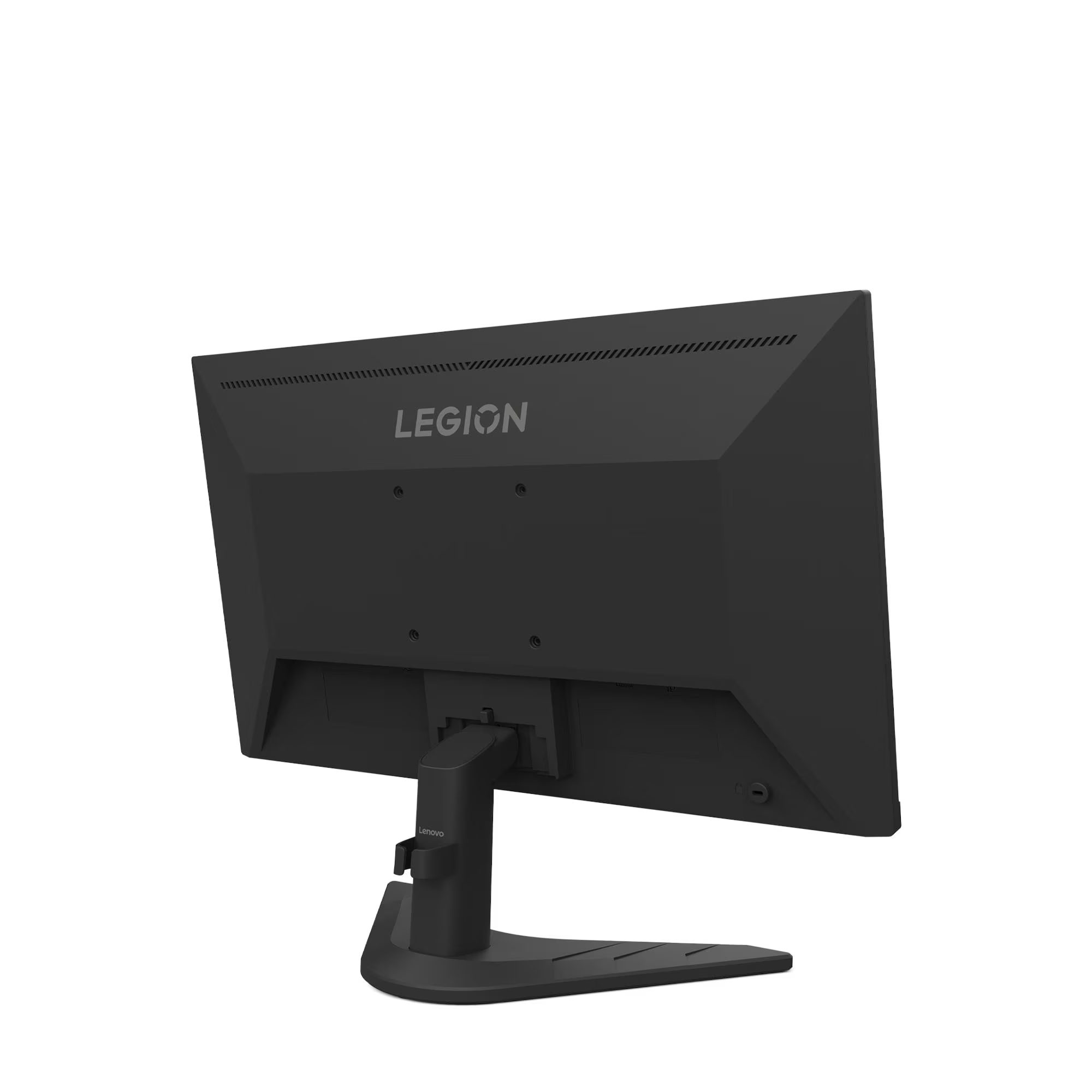 Fekete monitor hátulnézete LEGION logóval és Lenovo állvánnyal.