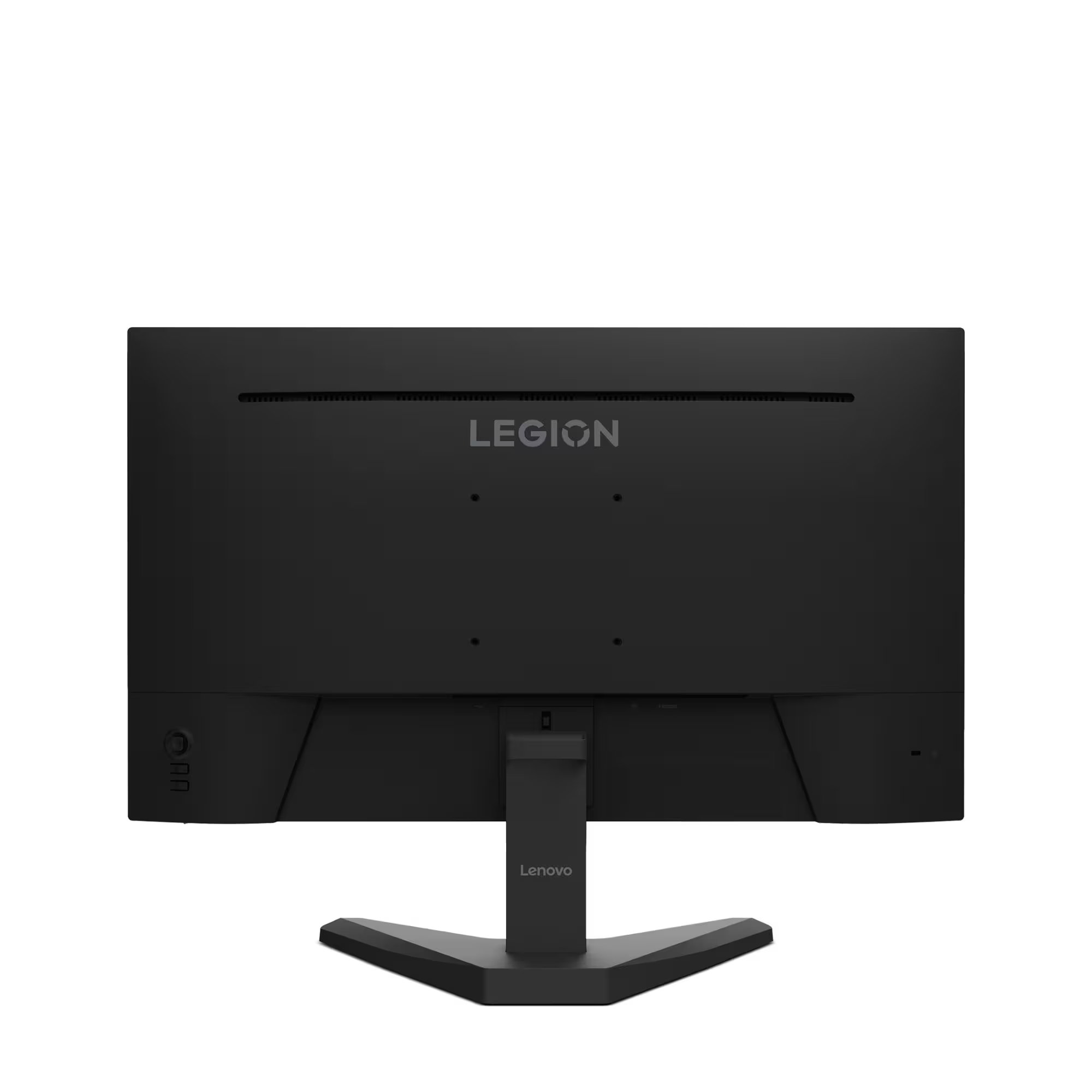 Fekete monitor Legion logóval és Lenovo állvánnyal.