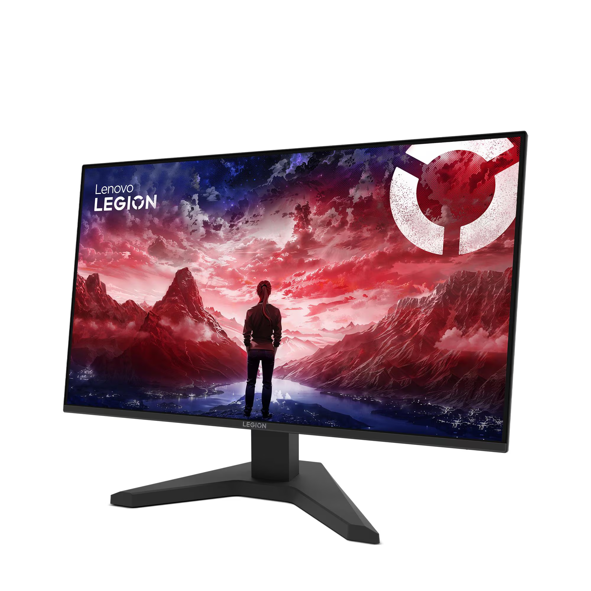 Egy monitor epikus fantasy tájképet jelenít meg, előtte egy figurával.