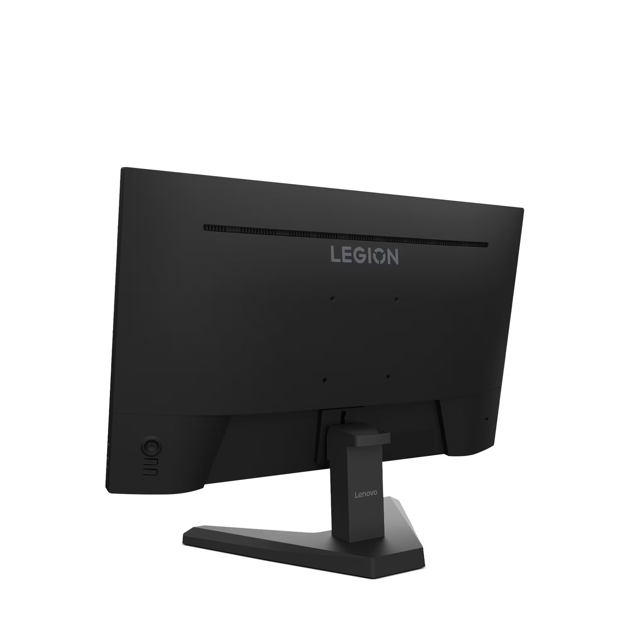 Fekete Lenovo Legion monitor hátulnézete az állványával.