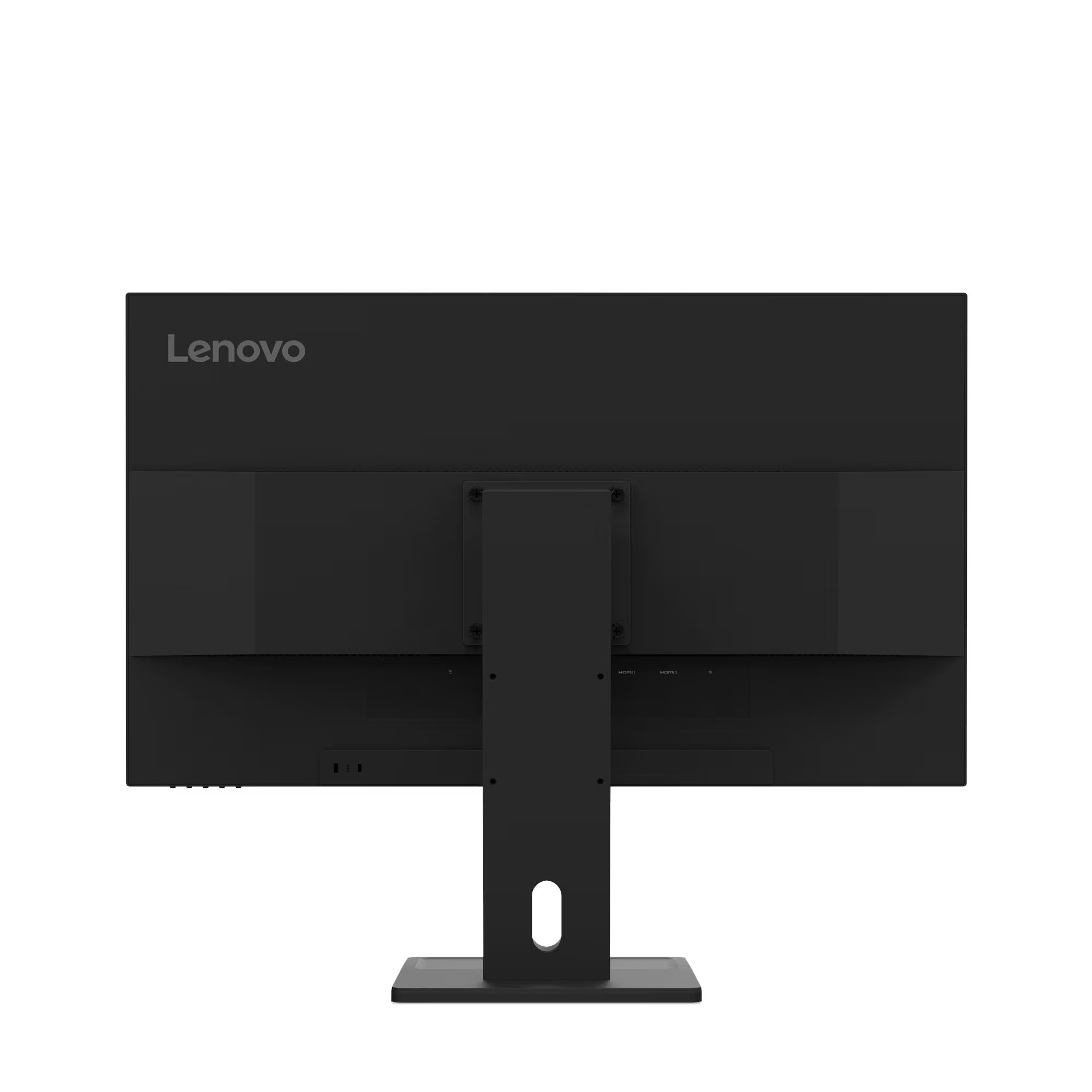 Fekete Lenovo monitor hátulnézete, állvánnyal és portokkal.