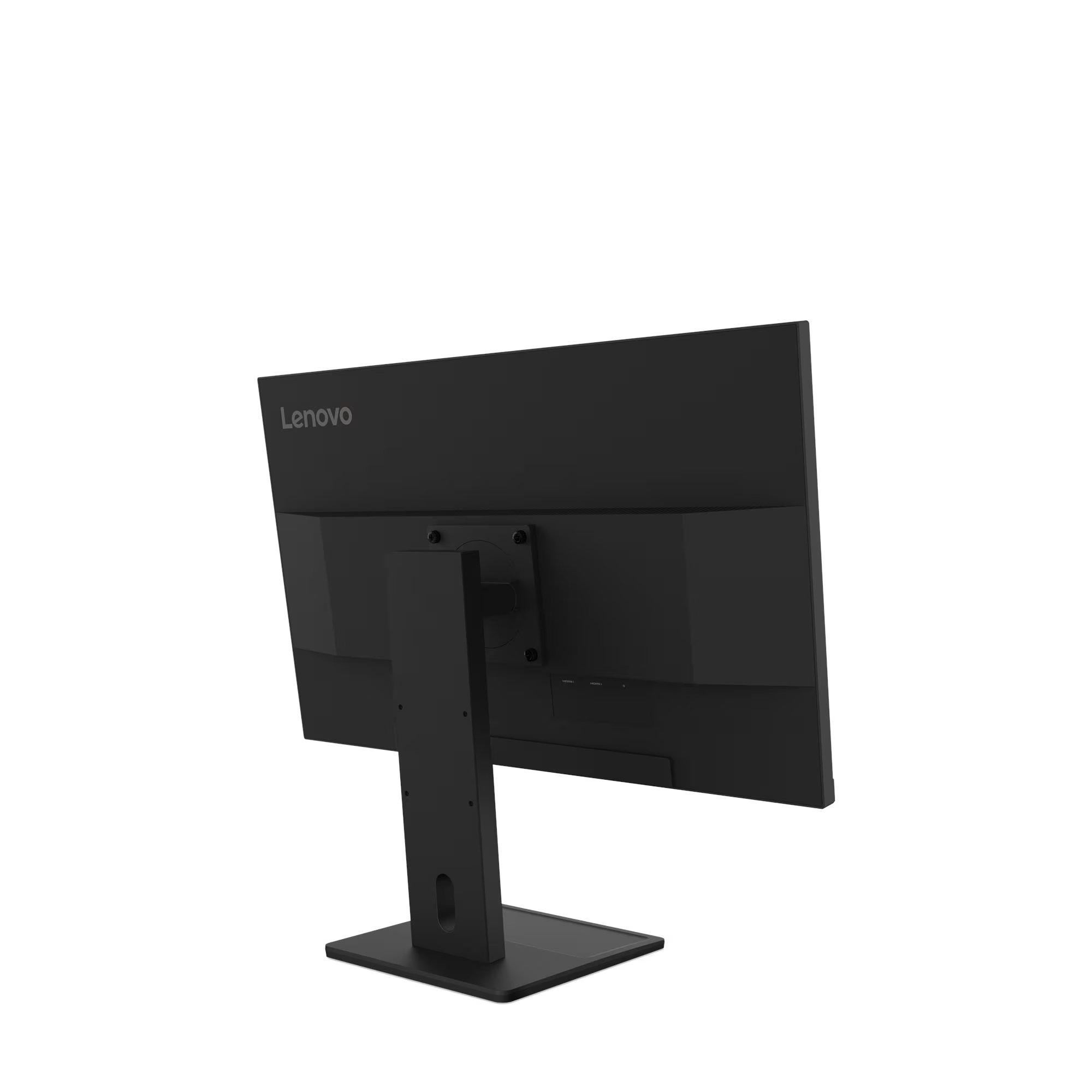 Fekete Lenovo monitor hátulnézete, téglalap alakú állvánnyal.