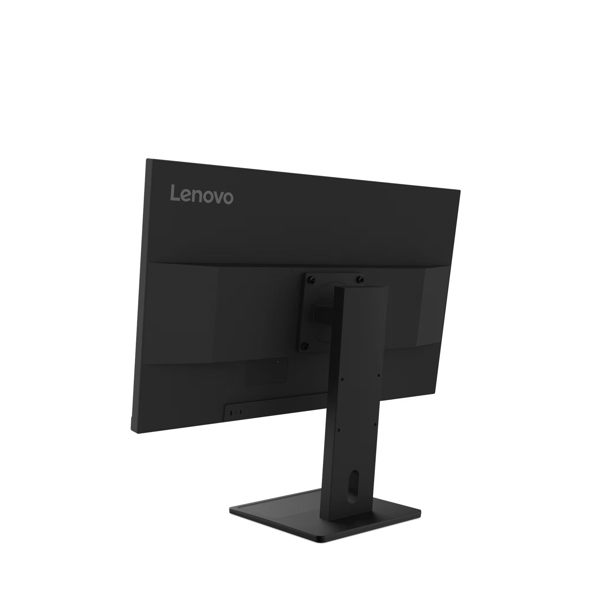 Egy fekete Lenovo monitor hátulja, ezüst logóval.