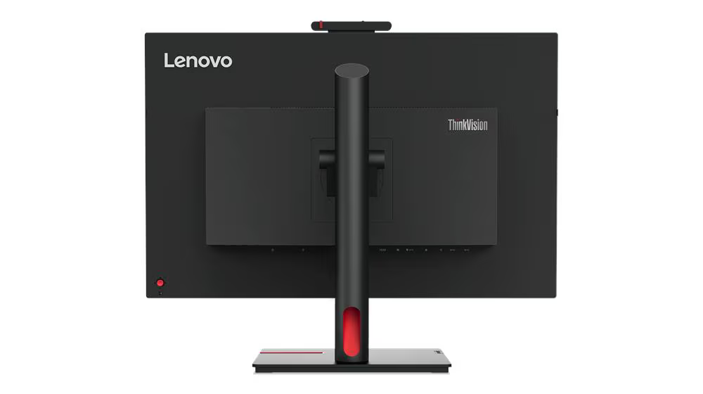 Fekete Lenovo ThinkVision monitor hátulnézete, ezüst állvánnyal és piros díszítéssel.