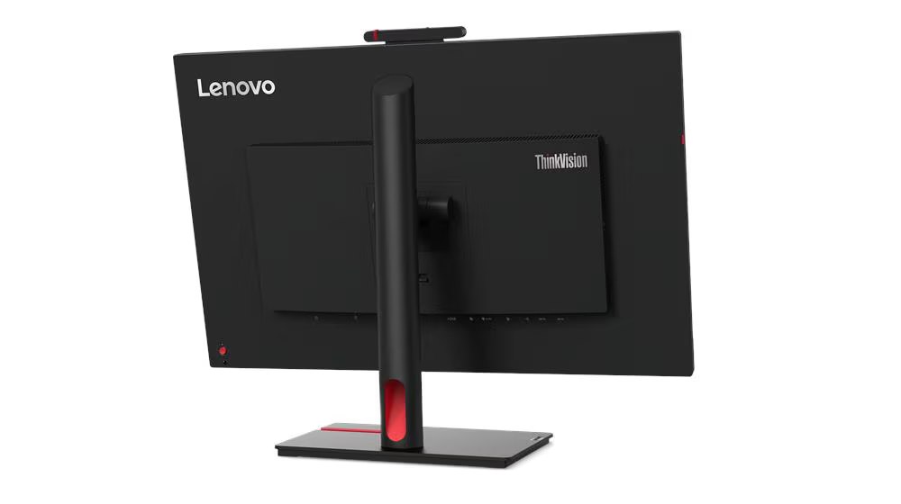Egy fekete Lenovo ThinkVision monitor hátulja, piros díszítéssel az állványon és a tartón.