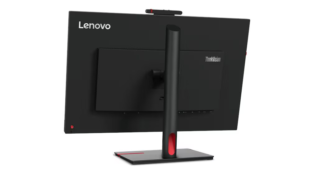 Fekete Lenovo ThinkVision monitor hátulja, piros állványkiemeléssel.