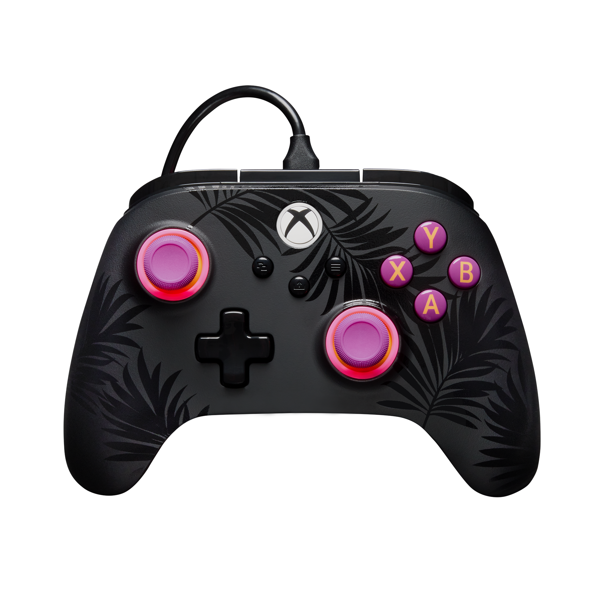Schwarzer Xbox-Controller mit Palmenblattmuster und pink beleuchteten Sticks.