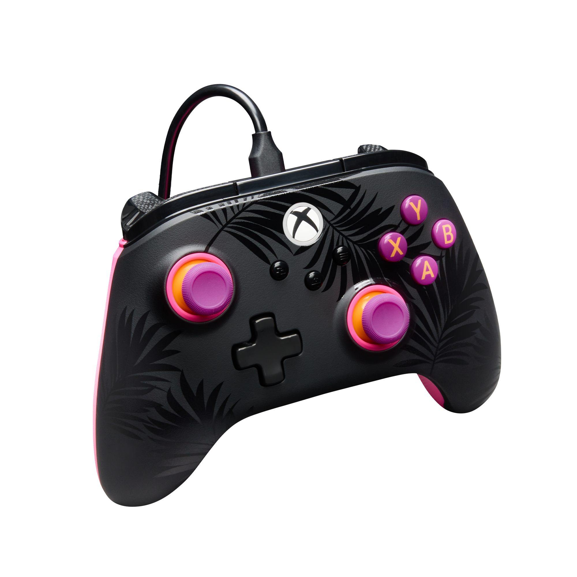 Schwarzer Xbox-Controller mit Palmenmuster, lila und orangefarbenen Akzenten.