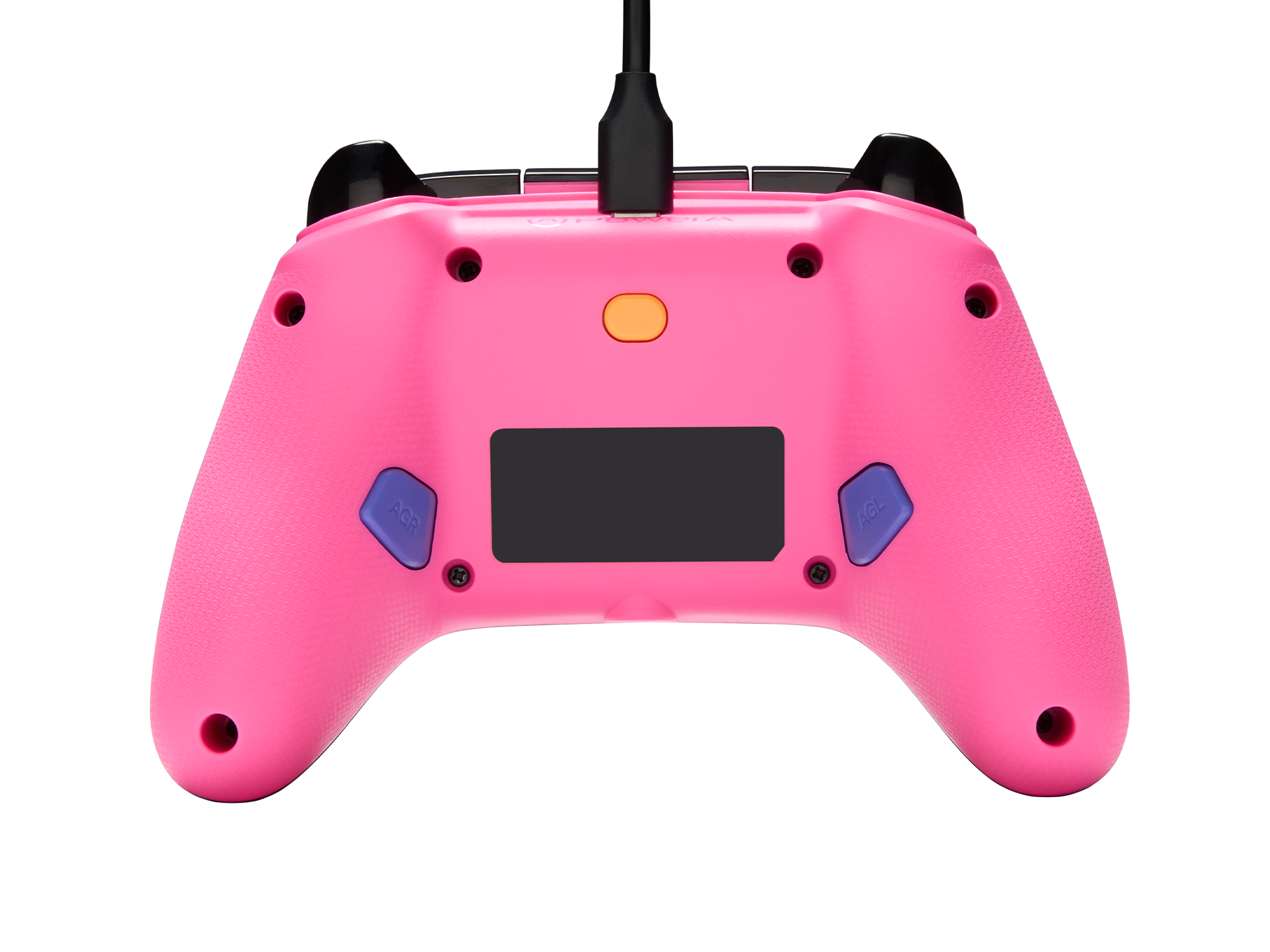 Ein pinker Controller mit schwarzen und lila Akzenten, von hinten.