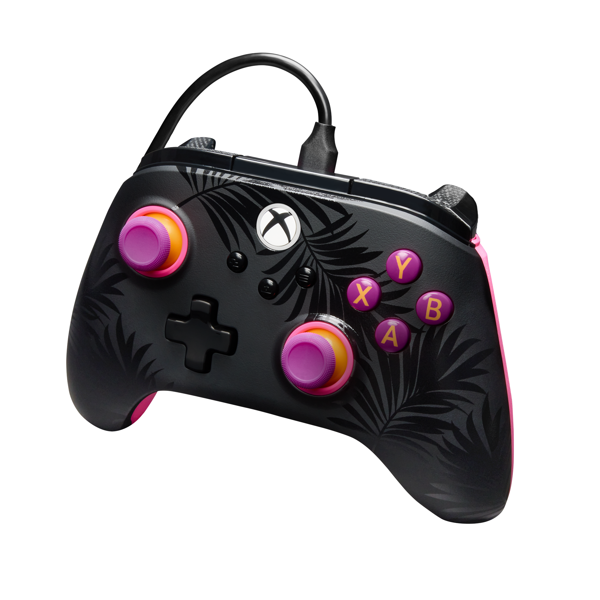 Schwarzer Xbox-Controller mit Palmblattmuster, pinken Akzenten und lila Knöpfen.