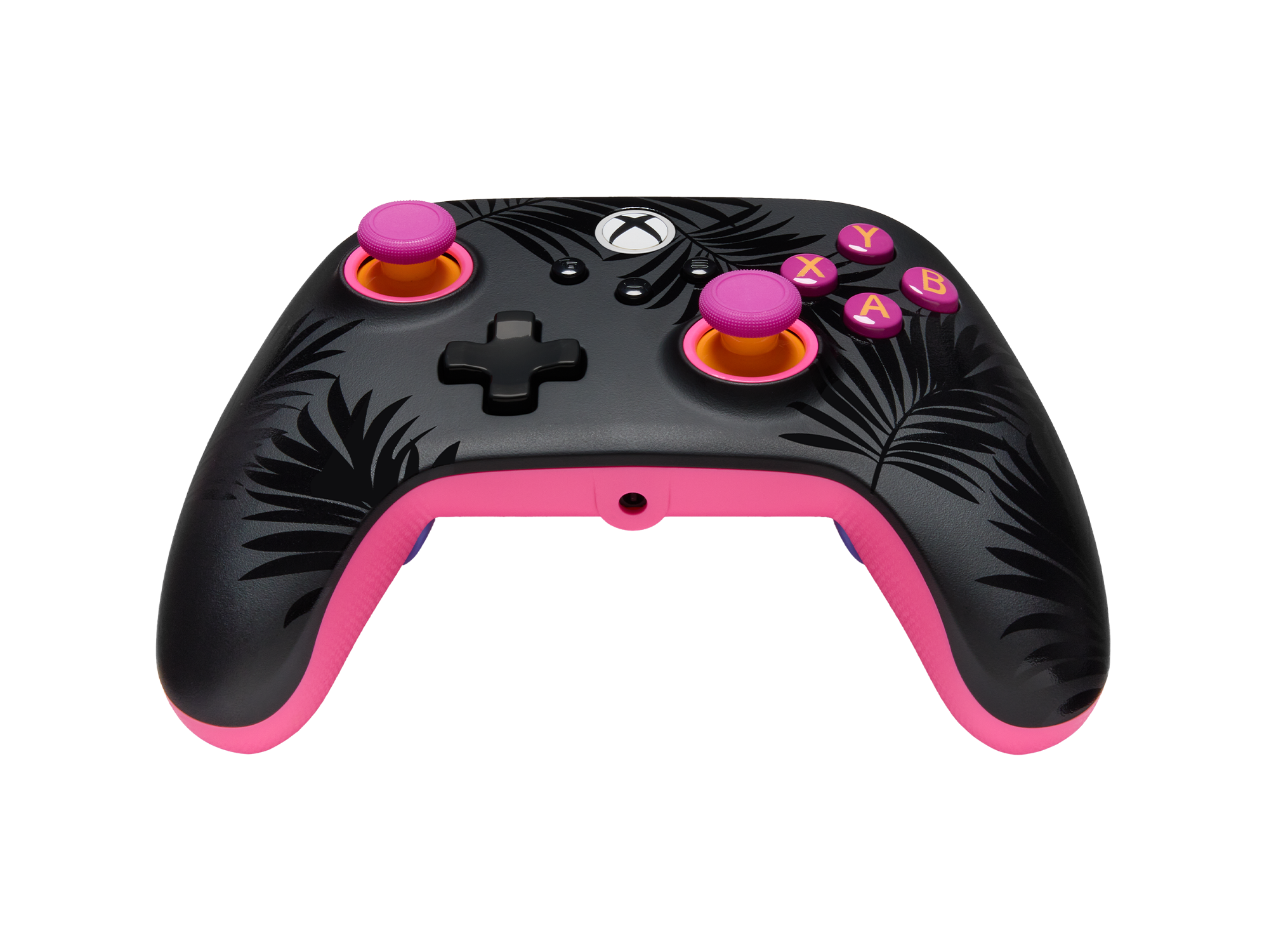 Schwarzer Xbox-Controller mit rosa Akzenten und Palmblattmuster.