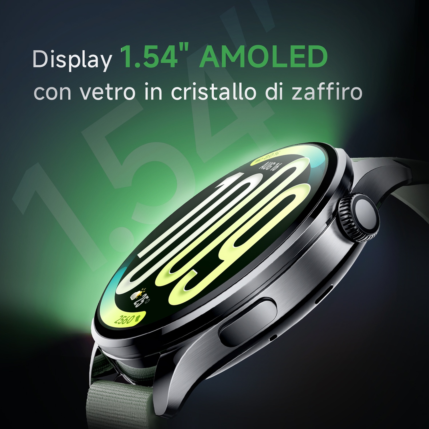 Uno smartwatch grigio con display AMOLED che mostra l'ora.