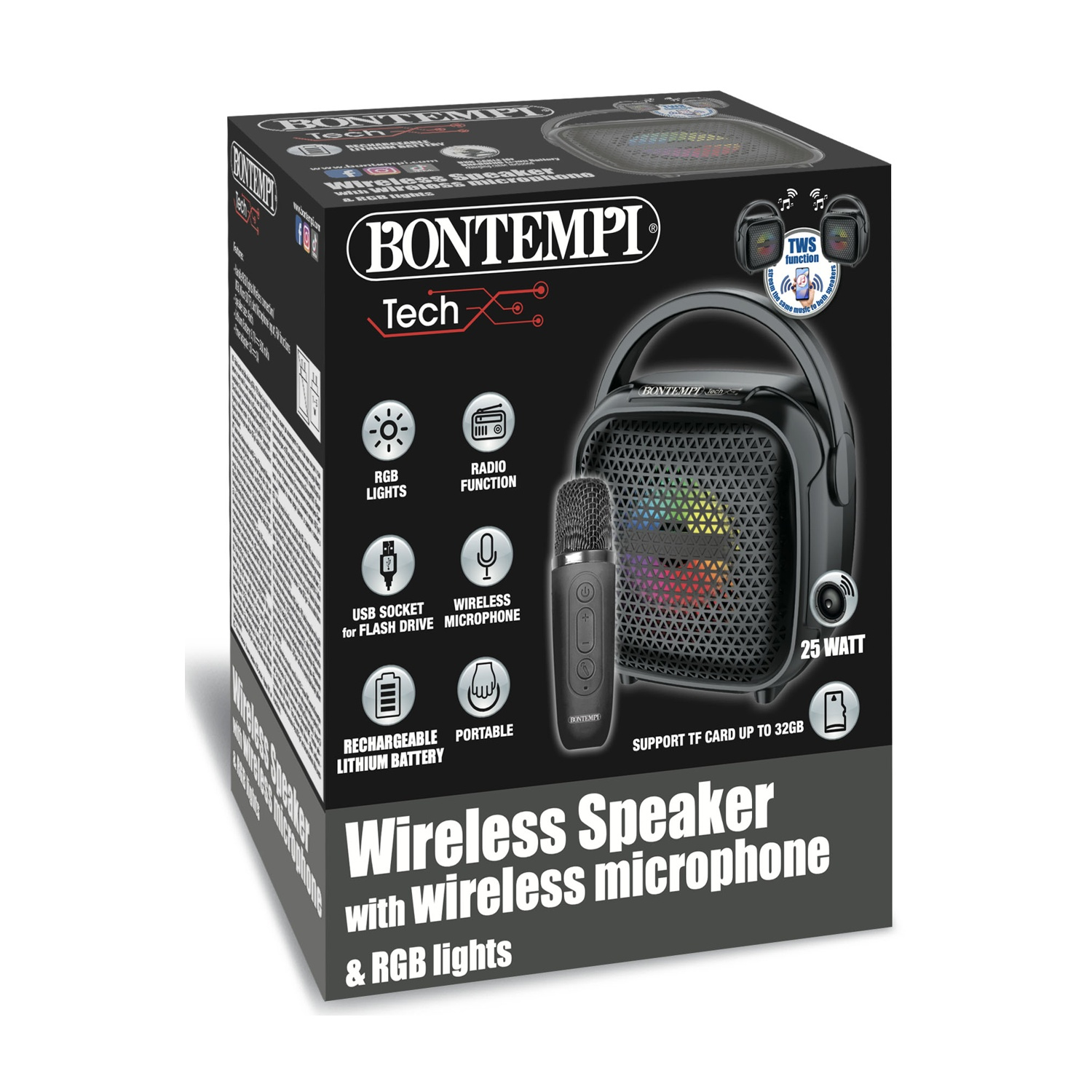 Confezione di un altoparlante wireless Bontempi con microfono e luci RGB.