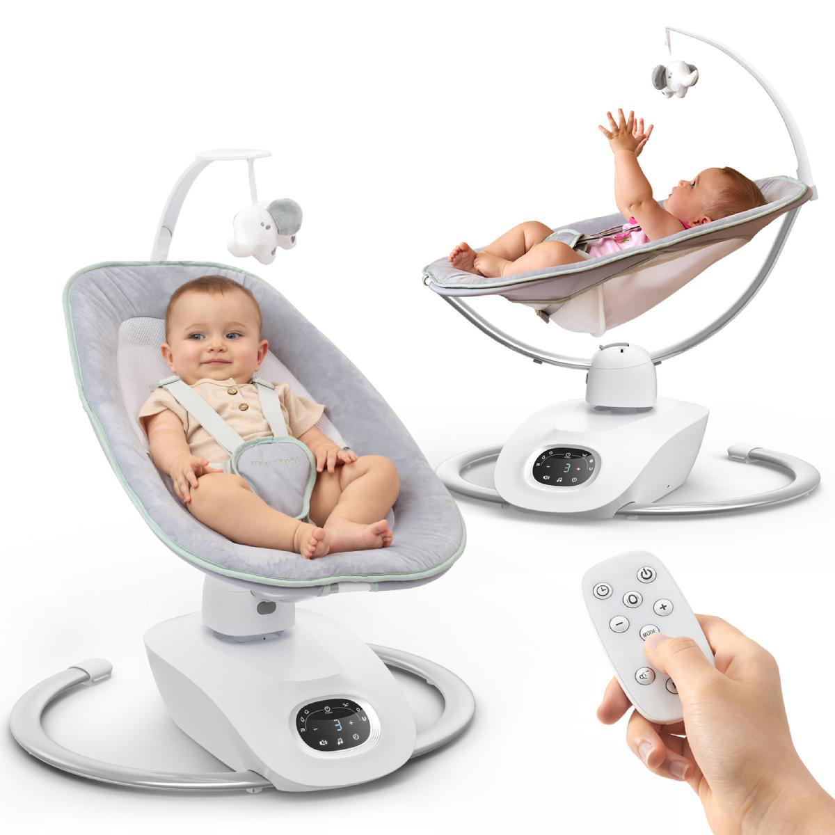 Zwei Babyschaukeln mit Fernbedienung und Spielzeug.