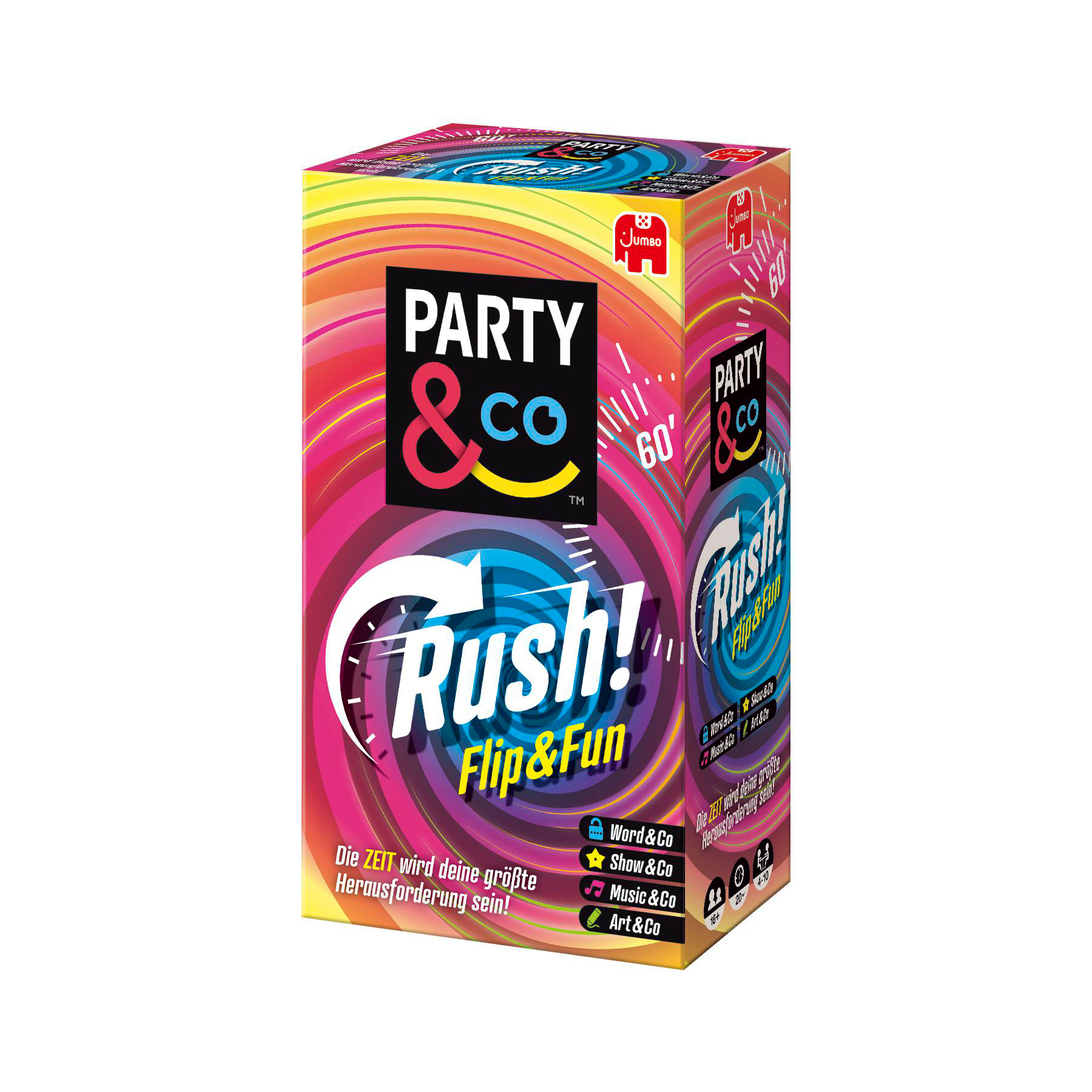 Verpackung des Partyspiels 'Party & Co Rush! Flip & Fun' mit bunten Spiralen.