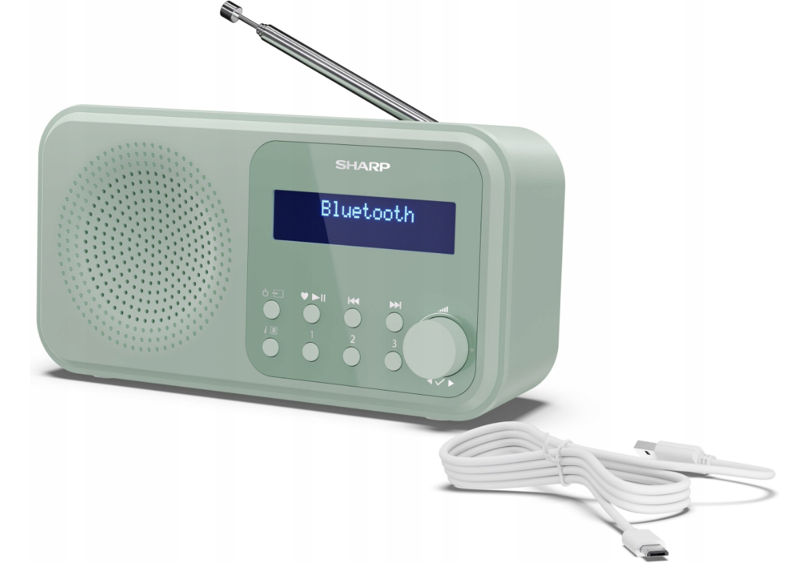 Zielone radio SHARP z wyświetlaczem Bluetooth i białym kablem USB-C.