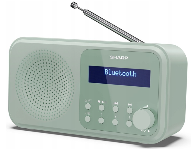 Jasnozielone radio Sharp z wysuniętą anteną i wyświetlaczem Bluetooth.