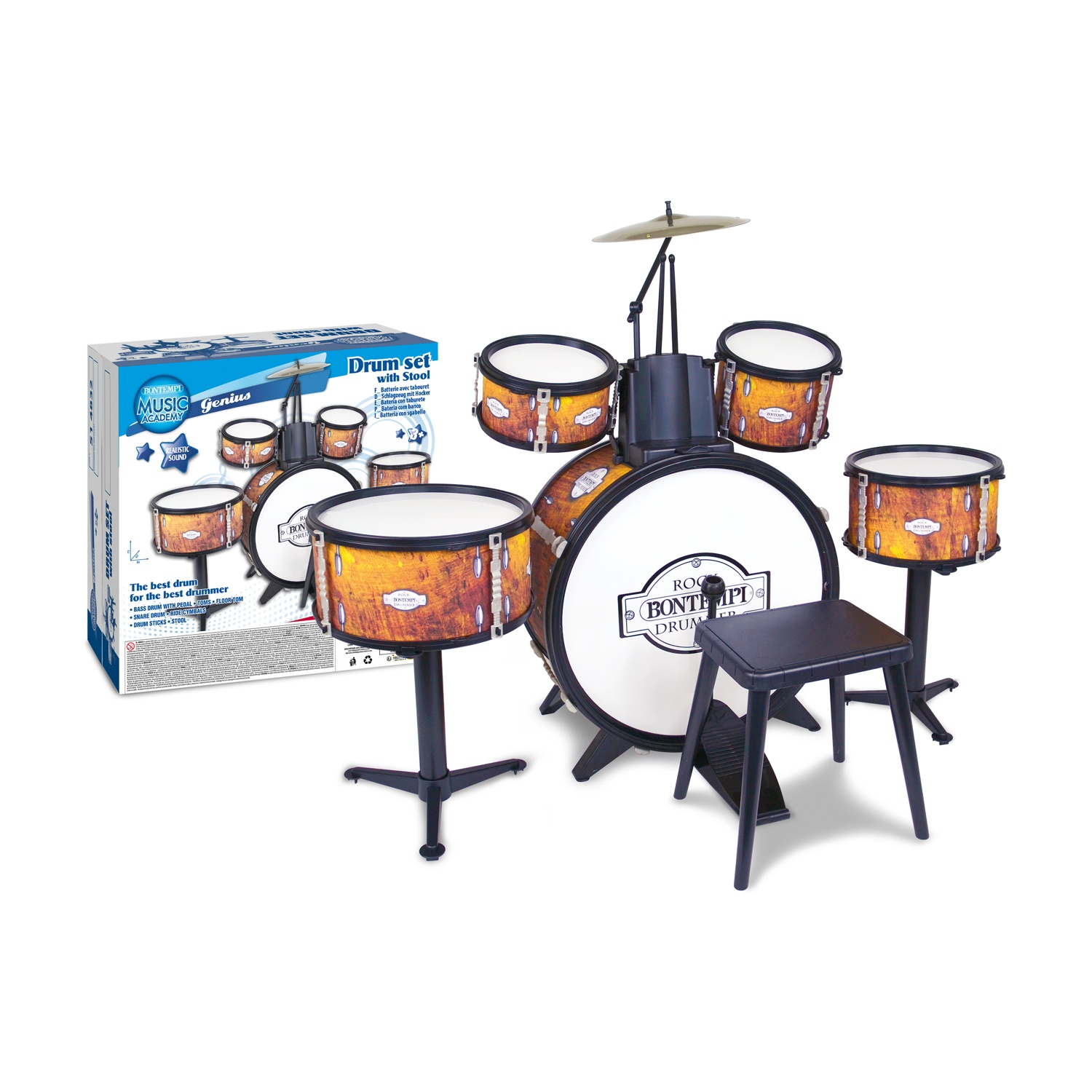 Un set di batteria con sgabello, con tamburi fantasia venature legno e piatti.