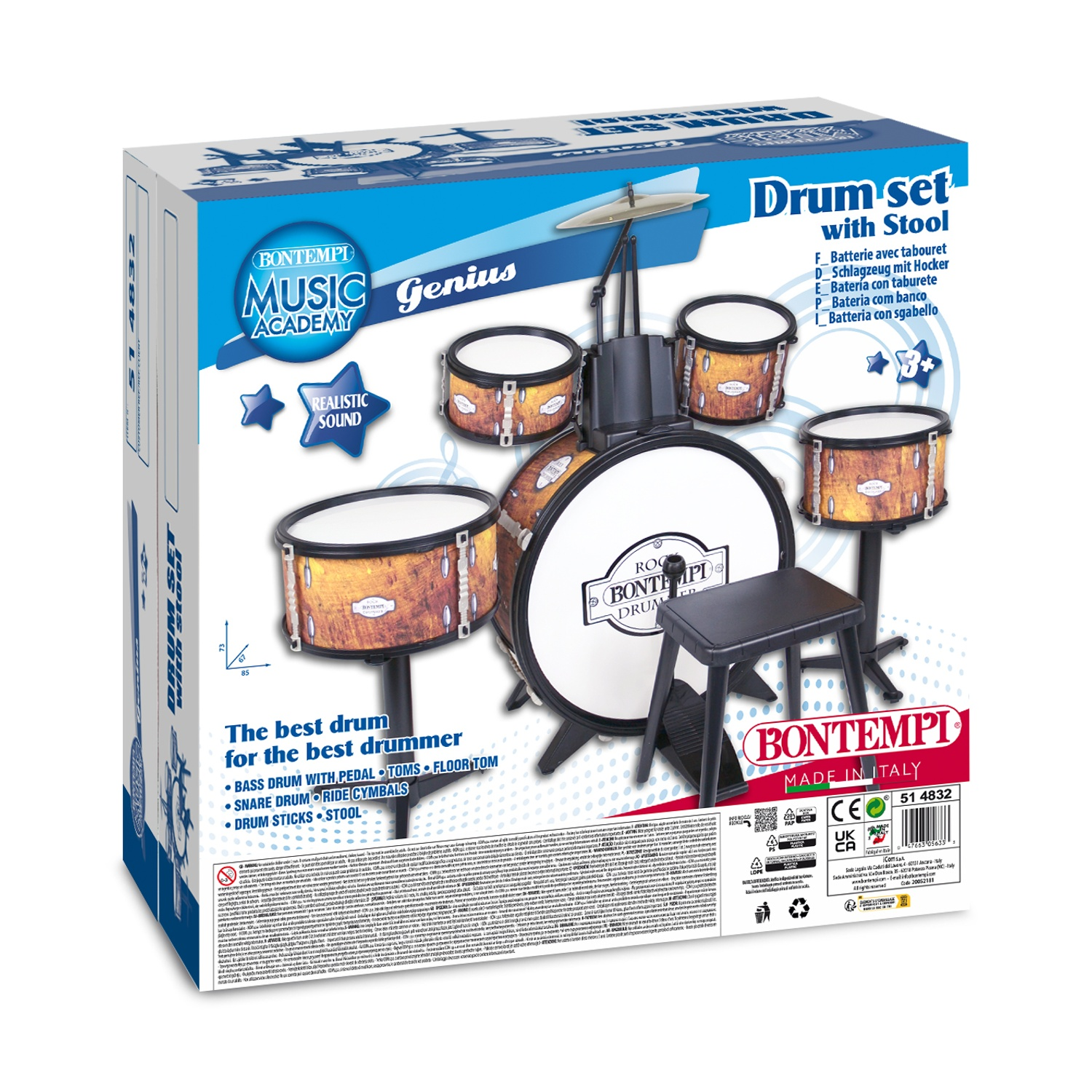 Un set di batteria giocattolo con sgabello, tamburi e piatti.