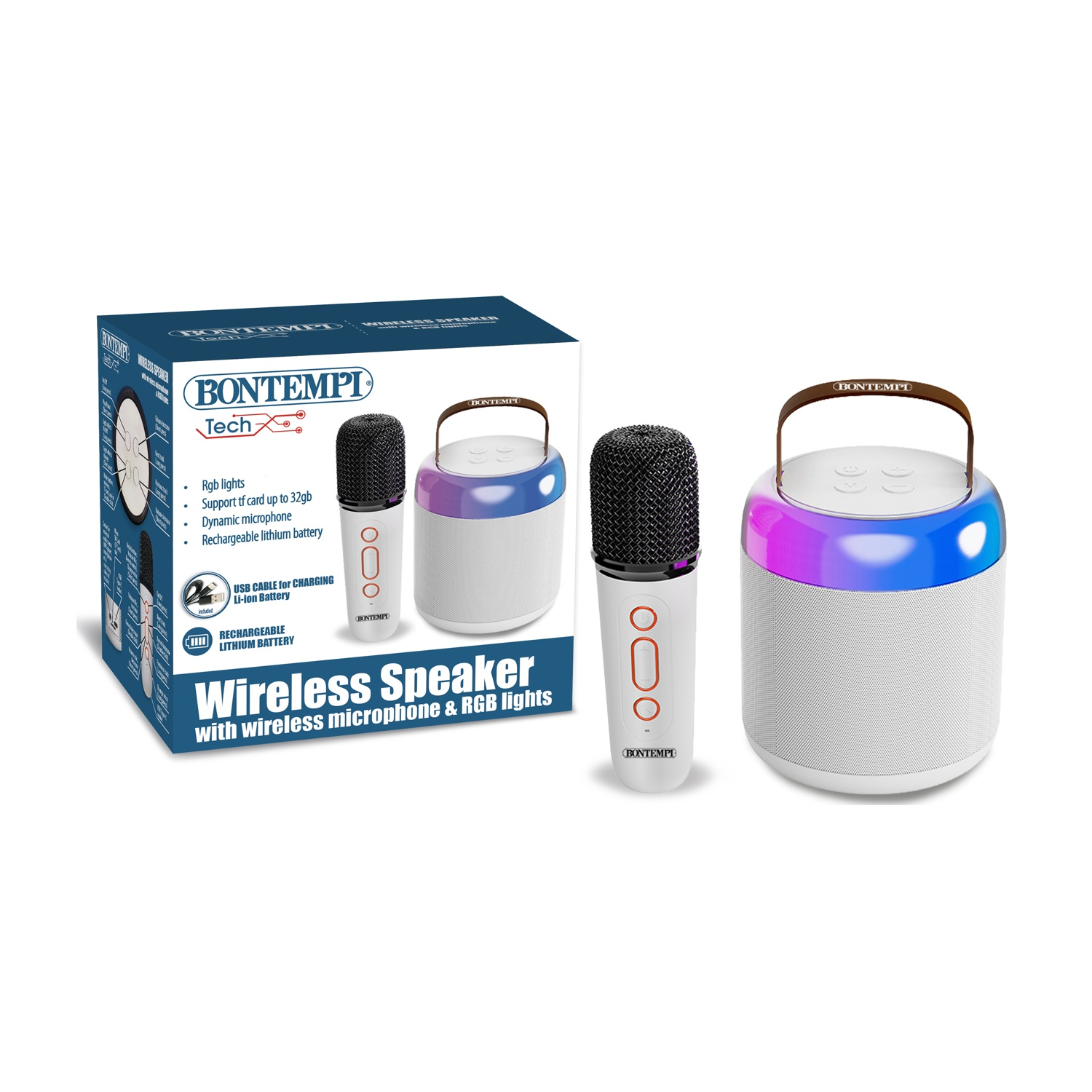 Un altoparlante wireless Bontempi con microfono. L'altoparlante è bianco con luci RGB. Il microfono è bianco.